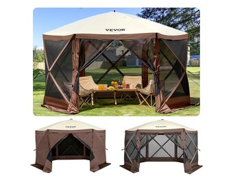 VEVOR Gazebo Screen Tent, 12 x 12 ft, 6 Sided Pop-up Camping Canopy Shelter Tent with Mesh Windows, Portable Carry Bag, Ground Stakes, Large Shade Tents for Outdoor Camping, Lawn and Backyard