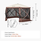 VEVOR Gazebo Screen Tent, 12 x 12 ft, 6 Sided Pop-up Camping Canopy Shelter Tent with Mesh Windows, Portable Carry Bag, Ground Stakes, Large Shade Tents for Outdoor Camping, Lawn and Backyard