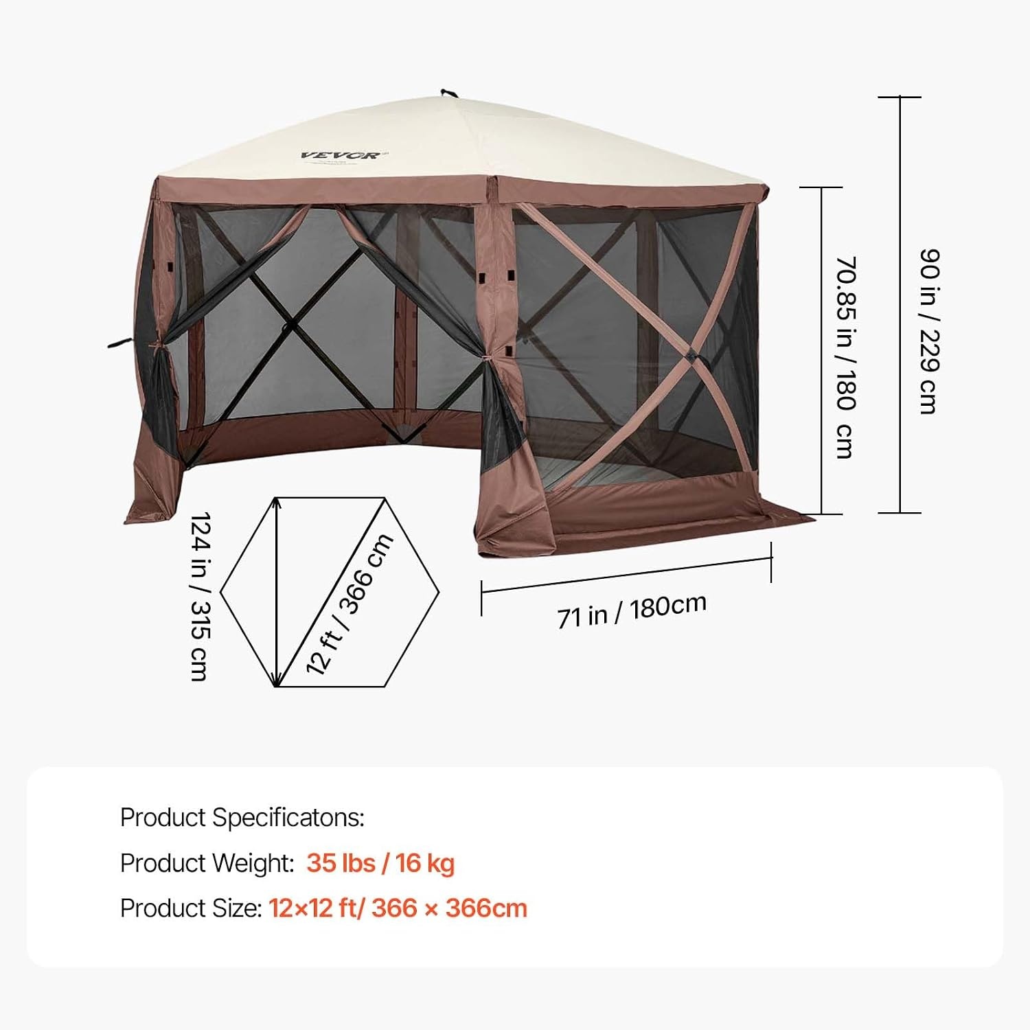 VEVOR Gazebo Screen Tent, 12 x 12 ft, 6 Sided Pop-up Camping Canopy Shelter Tent with Mesh Windows, Portable Carry Bag, Ground Stakes, Large Shade Tents for Outdoor Camping, Lawn and Backyard