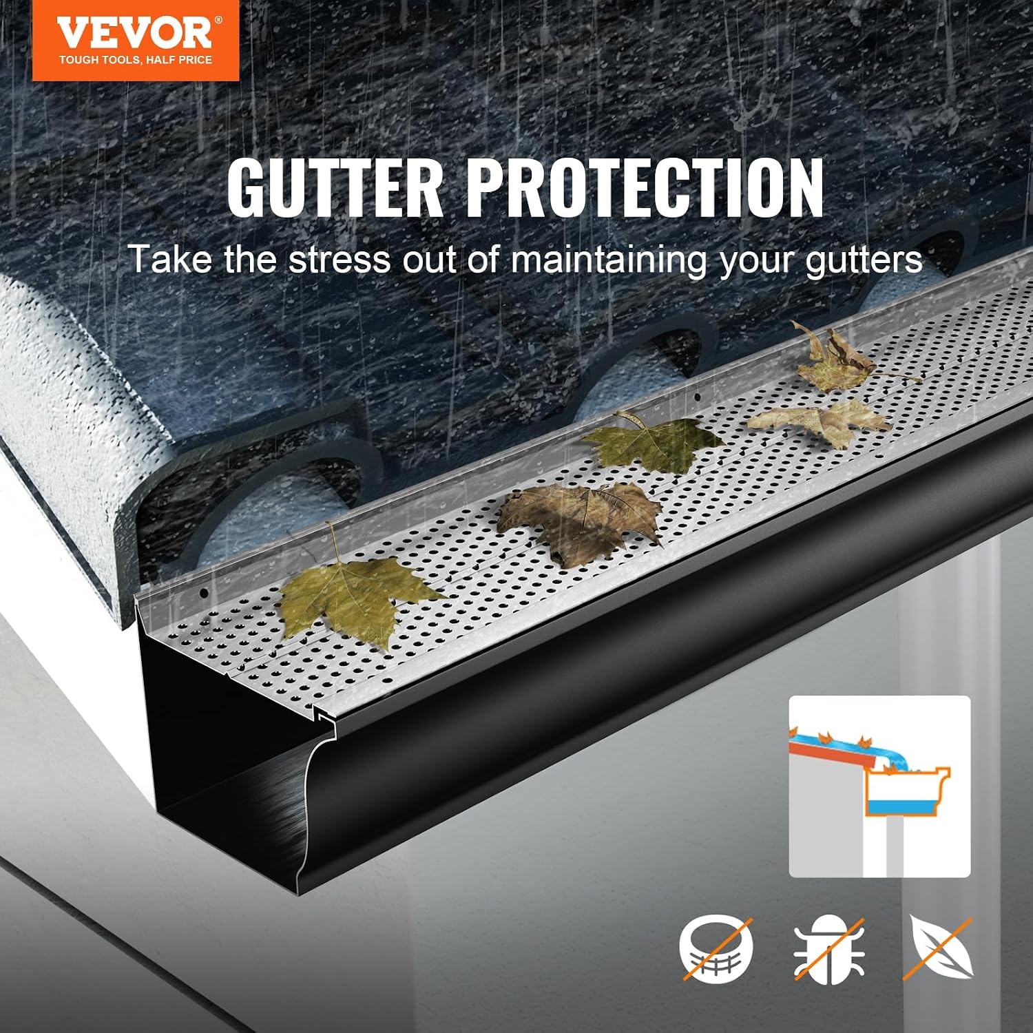 VEVOR, 5 "Breedte 2 Aluminium Bladfilter DIY Cover, 26 STKS 31,7 m Totale Lengte, 0,157" Gat Diameter & 0,02 inch Dikke Raptor Guards Past Op Elk Dak of Goot Type, Zilver