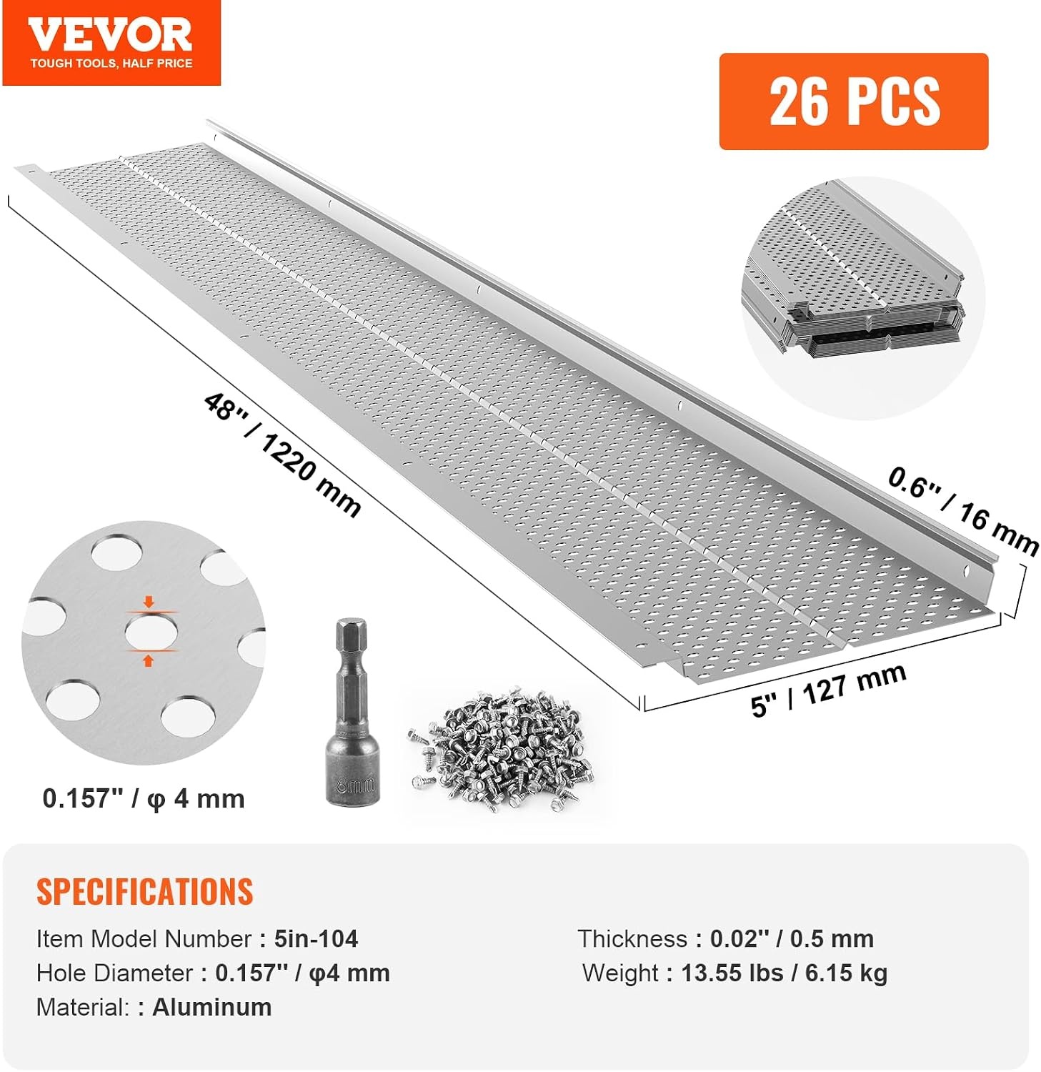 VEVOR, 5 "Breedte 2 Aluminium Bladfilter DIY Cover, 26 STKS 31,7 m Totale Lengte, 0,157" Gat Diameter & 0,02 inch Dikke Raptor Guards Past Op Elk Dak of Goot Type, Zilver