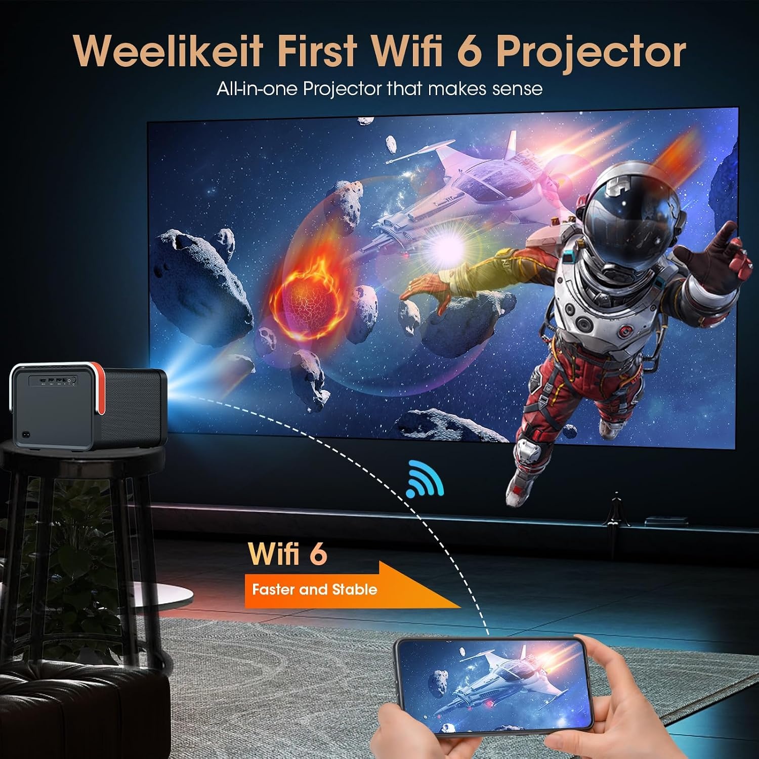 Weelikeit Projector, draagbare miniprojector 1080P HD 4K-ondersteuning, thuisbioscoopfilmprojector met 5G WiFi 6 en Bluetooth, buitenvideoprojector voor iPhone/Android/TV-stick/HDMI/USB/laptop/DVD/PS5