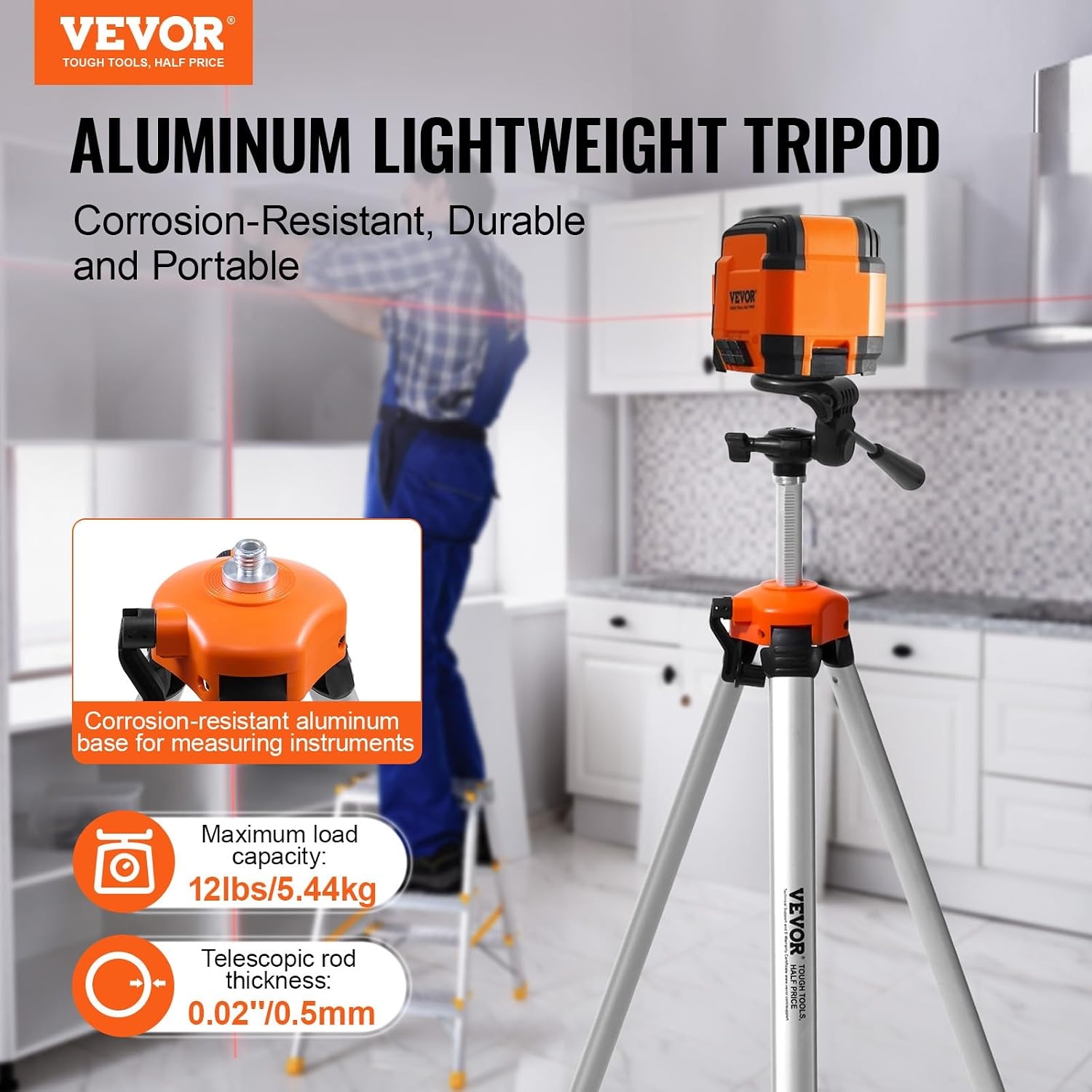 VEVOR Laser Level Tripod, ¼ x 20 Thread Mount, 27.36-68.11 inch Height Adjustment with Integrated Level Bubble Lightweight Laser Scanner Stand, Retractable Legs Aluminum Tripod for Stable Measurement