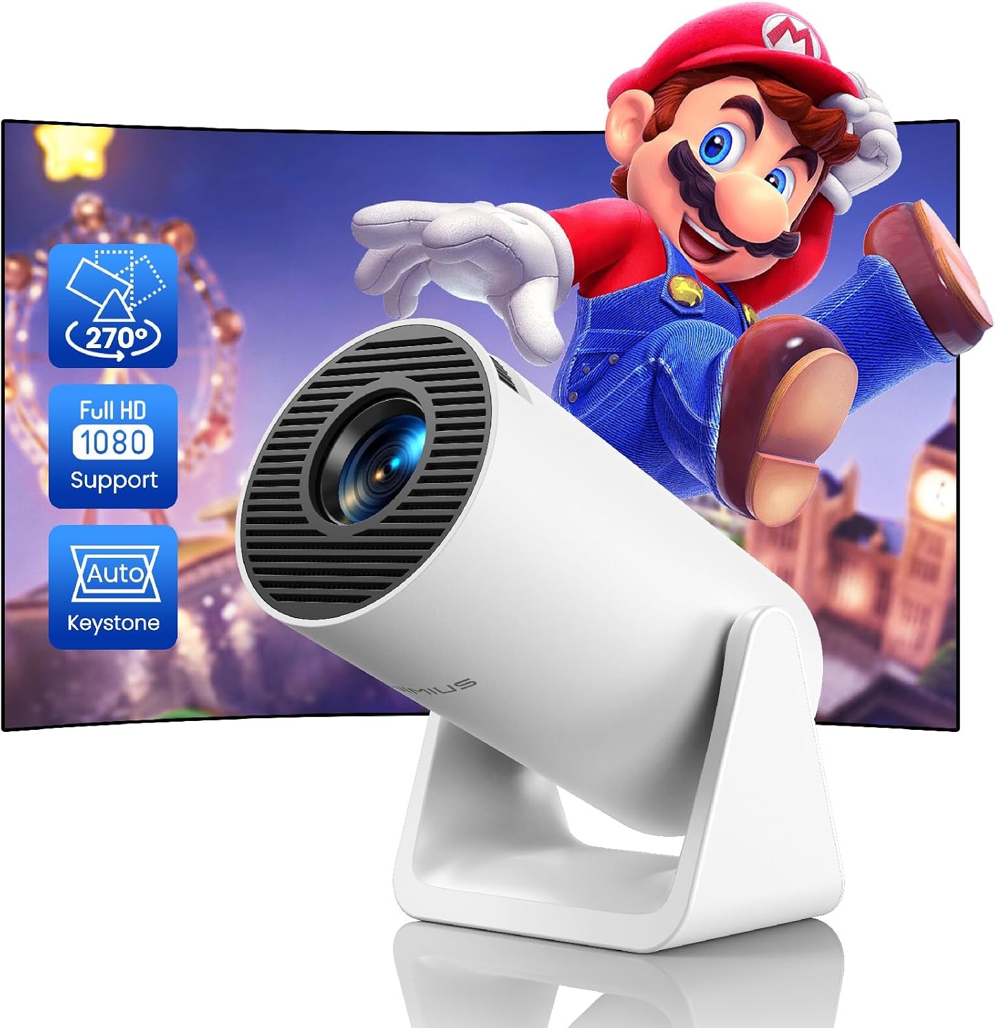 Mini-beamer, 5G, wifi, Bluetooth, 8000 lumen, draagbaar, 1080p Full HD, zilverwit