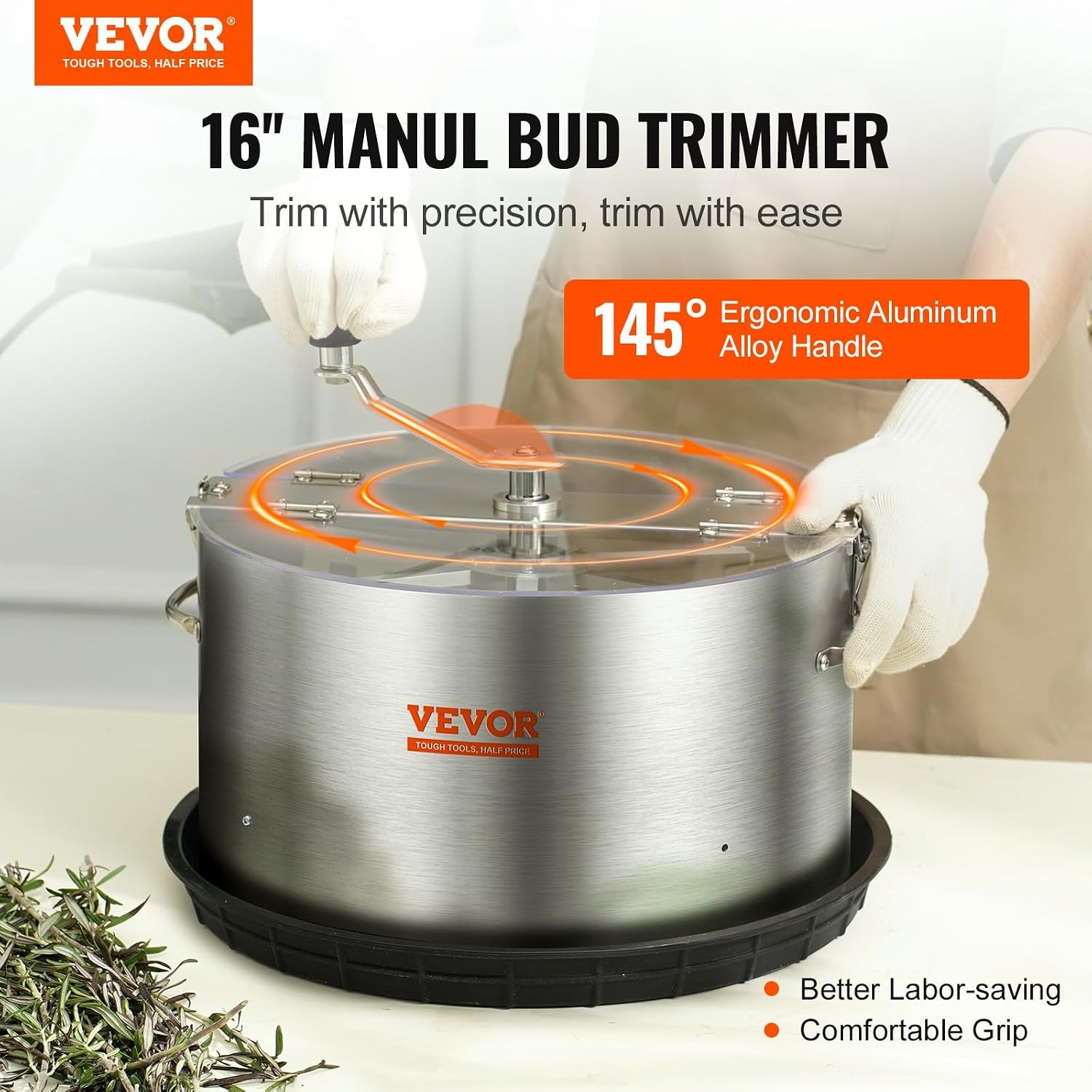 VEVOR Bud Leaf Trimmer, 40,6 cm roestvrijstalen handmatige bud-trimmermachine, met doorzichtige PET-afdekking voor visueel snijden, inclusief handsnoeischaar, voor het snijden van bladeren, knoppen,