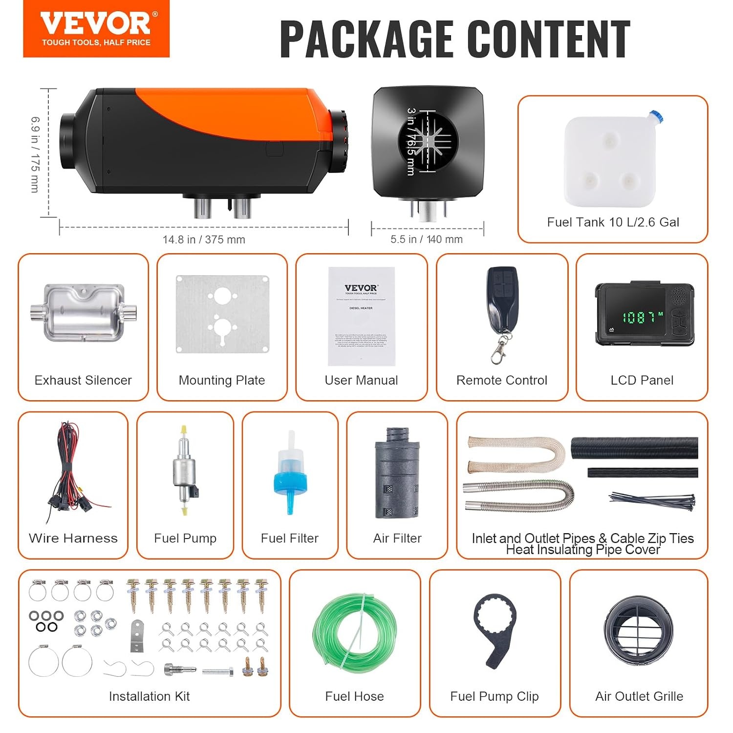 VEVOR Diesel Standkachel 12V 8KW - Oranje - Met LCD en Bluetooth