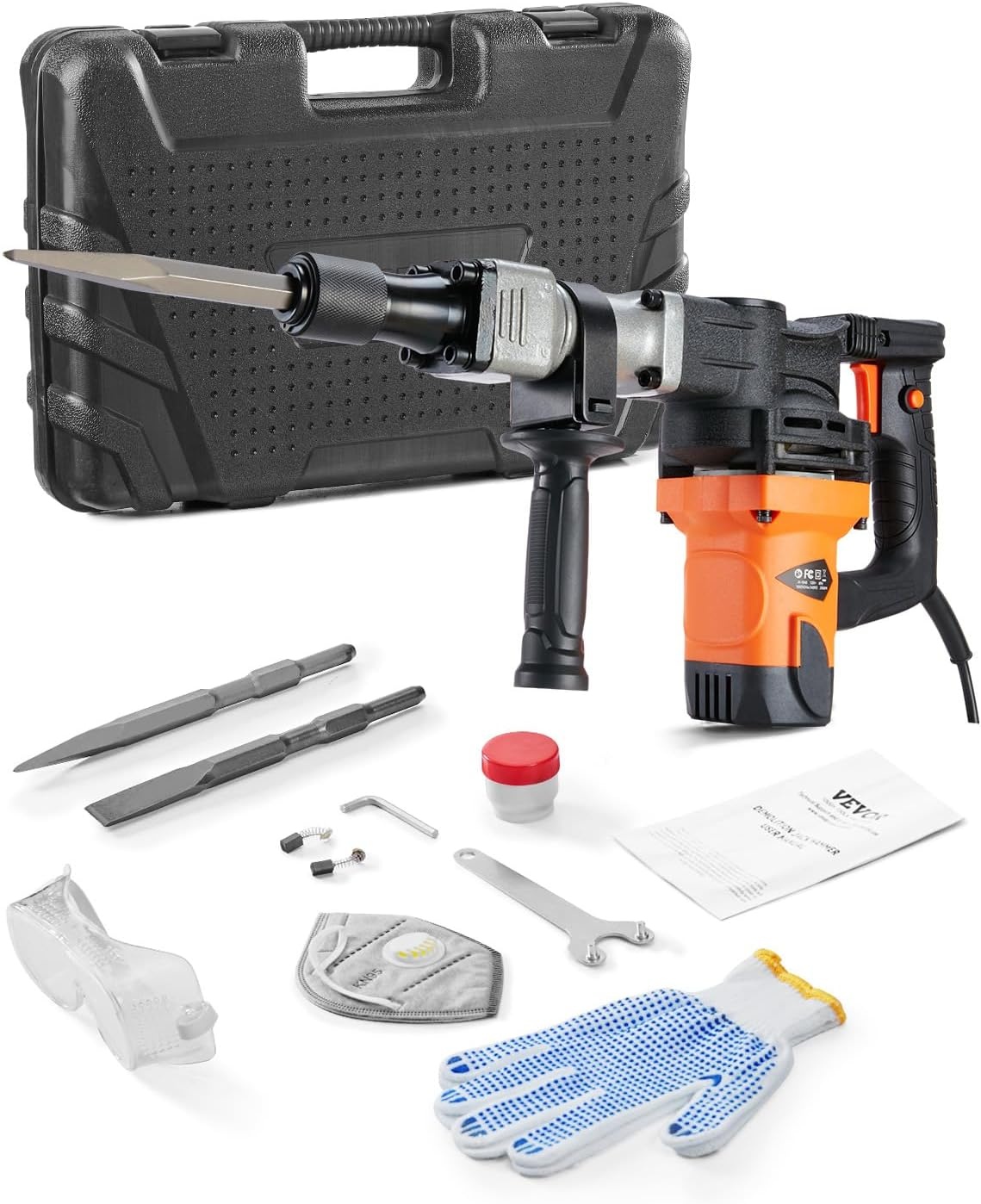 VEVOR Demolition Jack Hammer, MAX 1400W Electric Jackhammer Heavy Duty, 2900 BPM Concrete Breaker 2pcs Chisels Bits Chipping W/Case, Gloves