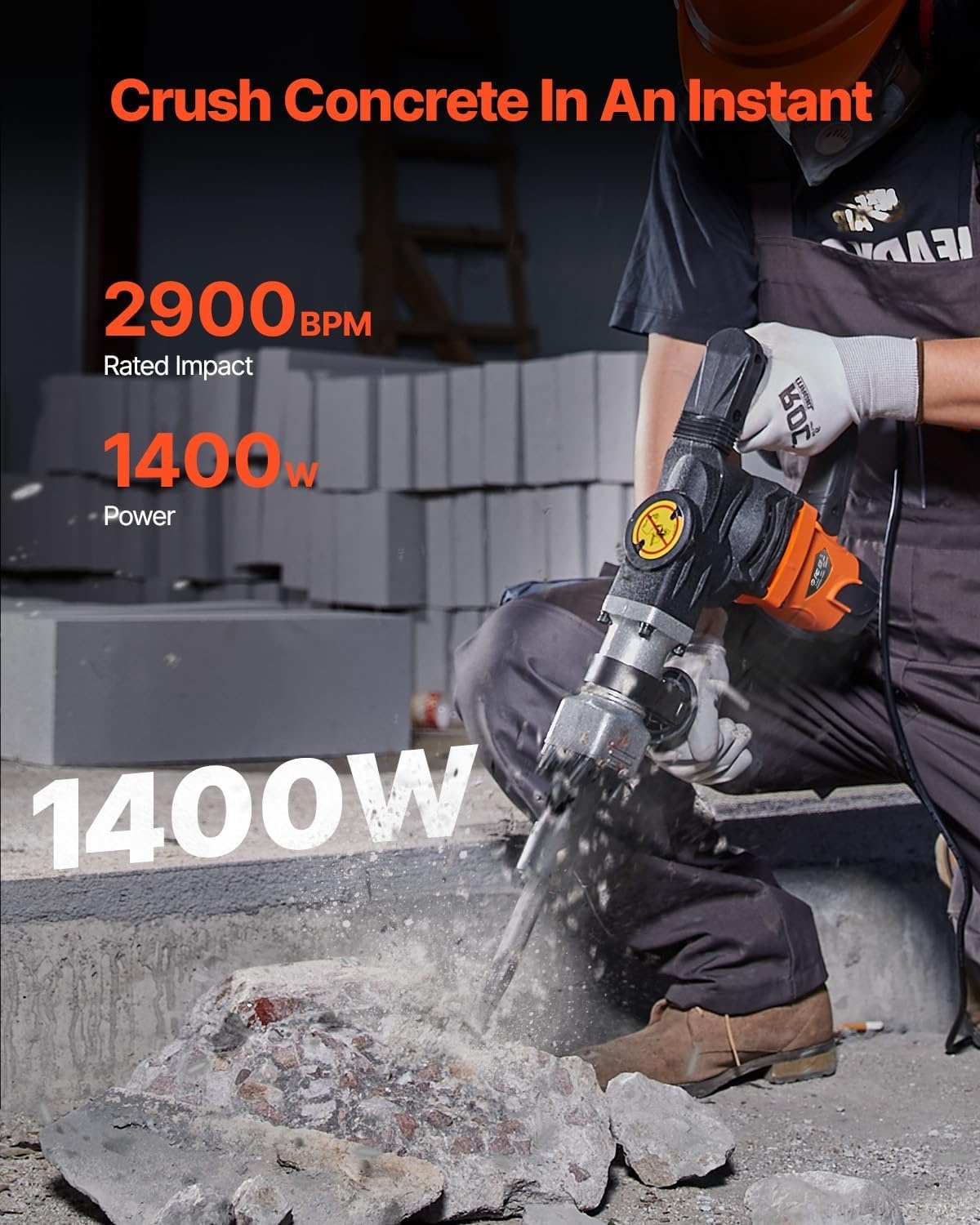 VEVOR Demolition Jack Hammer, MAX 1400W Electric Jackhammer Heavy Duty, 2900 BPM Concrete Breaker 2pcs Chisels Bits Chipping W/Case, Gloves