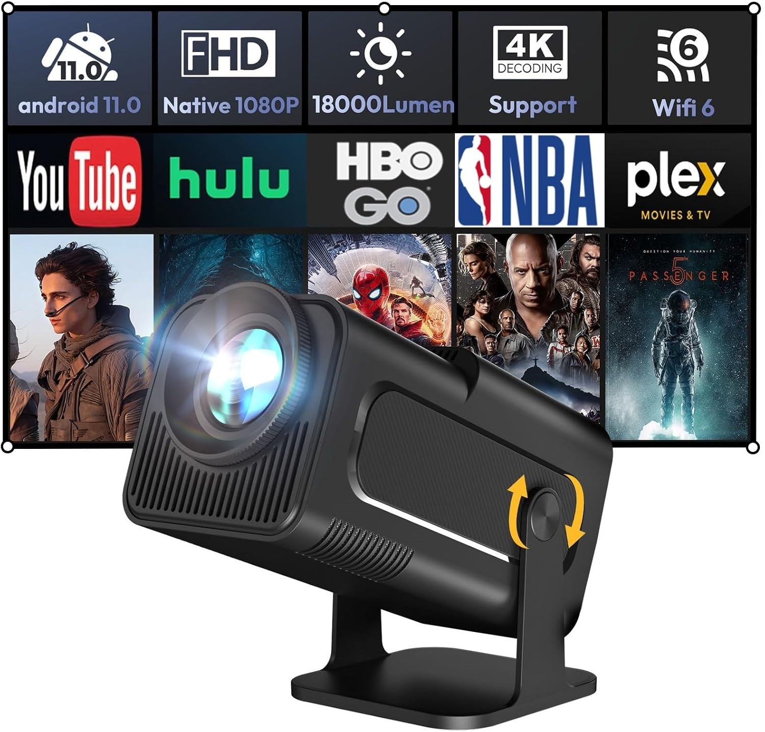 XGODY Gimbal5 Smart Mini Beamer, Native 1080P Full HD Projector, Android 11, WiFi 6, Zwart
