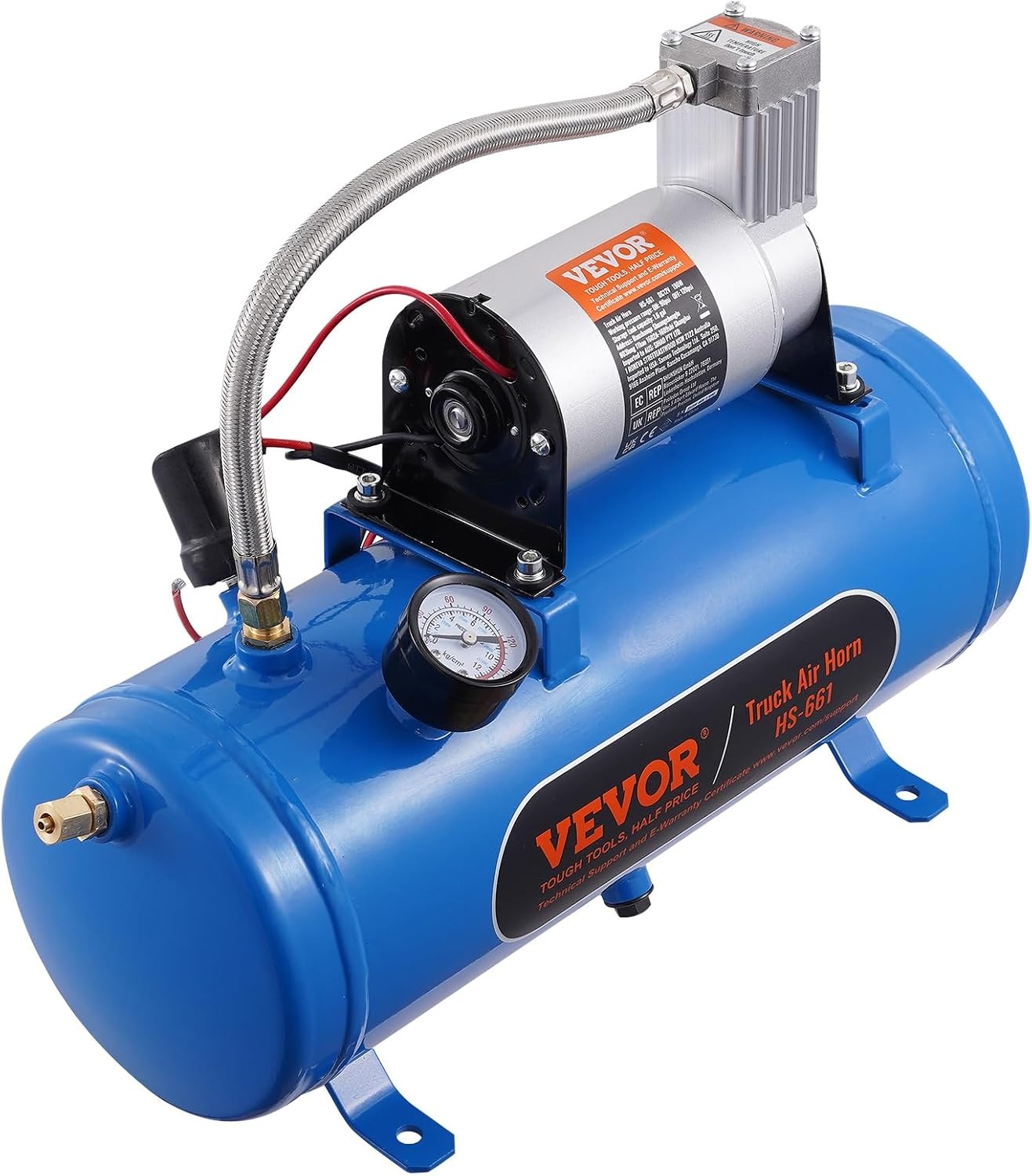 VEVOR Zughorn Air Compressor with Tank, 6 Litres, 12 V Air Compressor Set, 90-120 PSI Working Pressure, Integrated Air Compressor System for Train Air Horn, Inflating Tyres, Trucks, SUVs etc