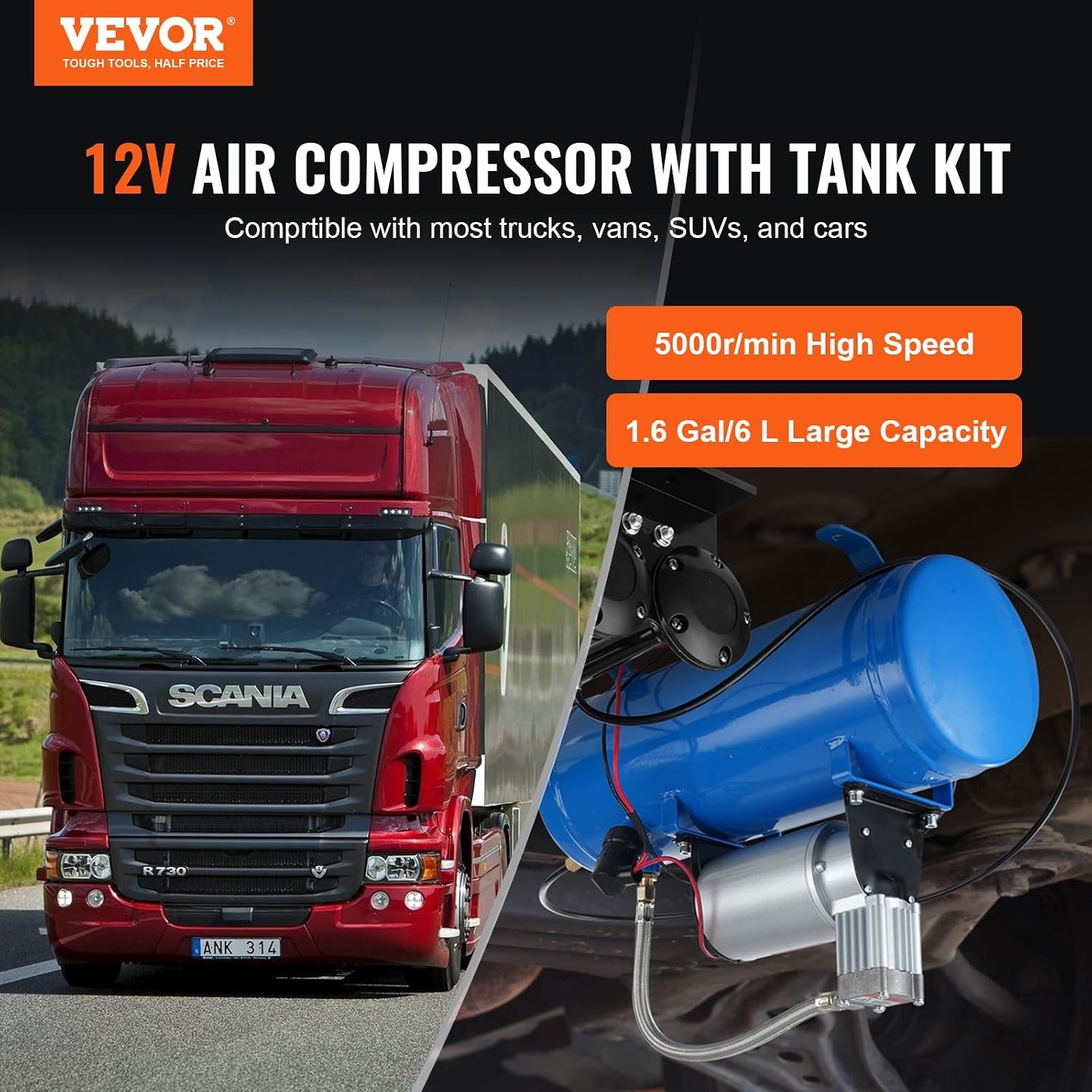 VEVOR Zughorn Air Compressor with Tank, 6 Litres, 12 V Air Compressor Set, 90-120 PSI Working Pressure, Integrated Air Compressor System for Train Air Horn, Inflating Tyres, Trucks, SUVs etc