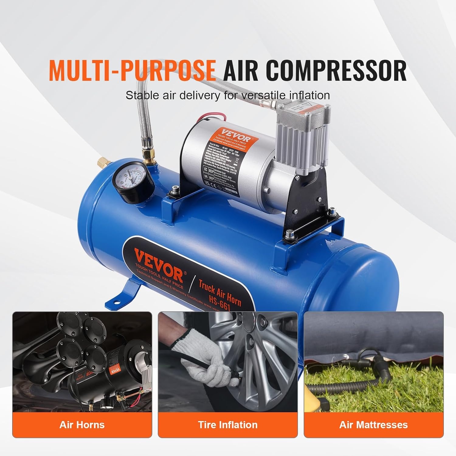 VEVOR Zughorn Air Compressor with Tank, 6 Litres, 12 V Air Compressor Set, 90-120 PSI Working Pressure, Integrated Air Compressor System for Train Air Horn, Inflating Tyres, Trucks, SUVs etc