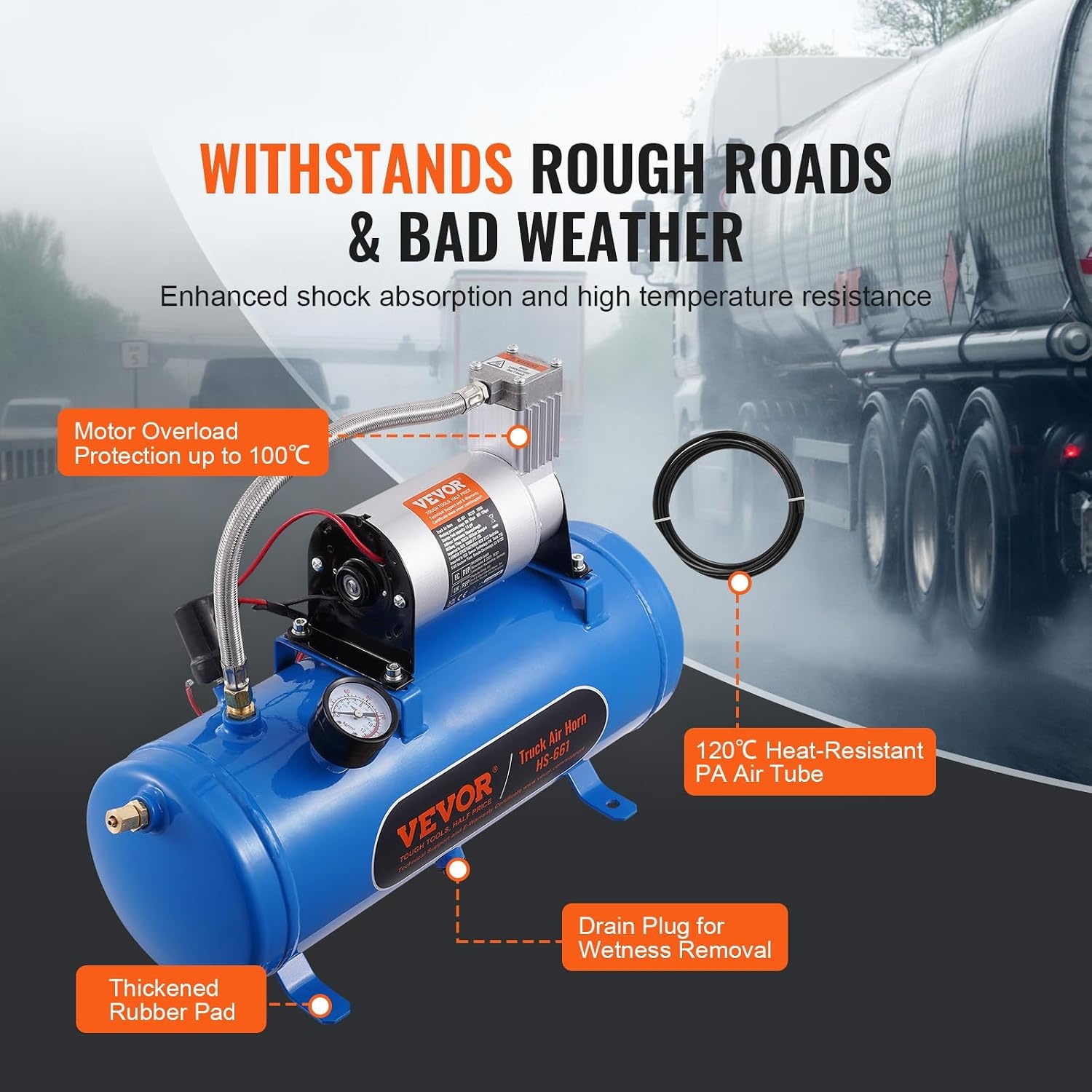 VEVOR Zughorn Air Compressor with Tank, 6 Litres, 12 V Air Compressor Set, 90-120 PSI Working Pressure, Integrated Air Compressor System for Train Air Horn, Inflating Tyres, Trucks, SUVs etc