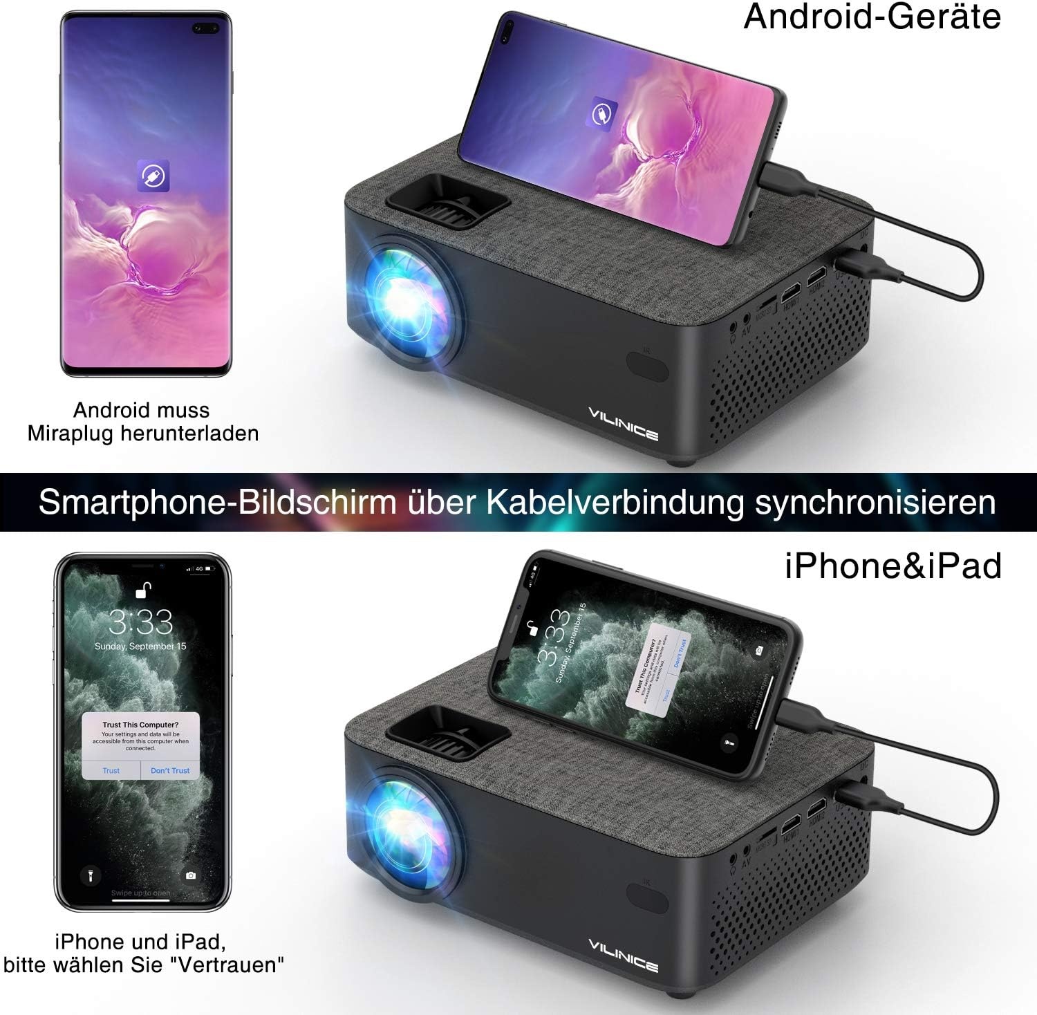 Mini-beamer, Full HD, wifi-projector met 6000 liter, ondersteunt 1080p multimedia 240 inch, videobeamer, compatibel met tv-stick, HDMI, SD, AV, VGA, USB, PS4, smartphone