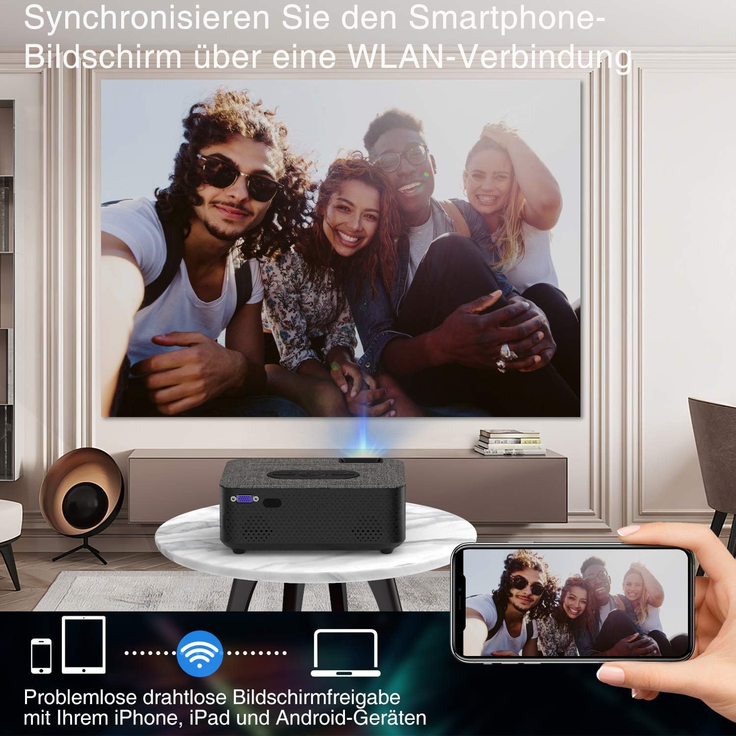 Mini-beamer, Full HD, wifi-projector met 6000 liter, ondersteunt 1080p multimedia 240 inch, videobeamer, compatibel met tv-stick, HDMI, SD, AV, VGA, USB, PS4, smartphone