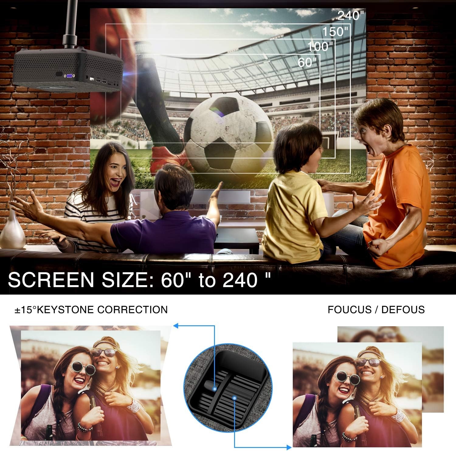 Mini-beamer, Full HD, wifi-projector met 6000 liter, ondersteunt 1080p multimedia 240 inch, videobeamer, compatibel met tv-stick, HDMI, SD, AV, VGA, USB, PS4, smartphone