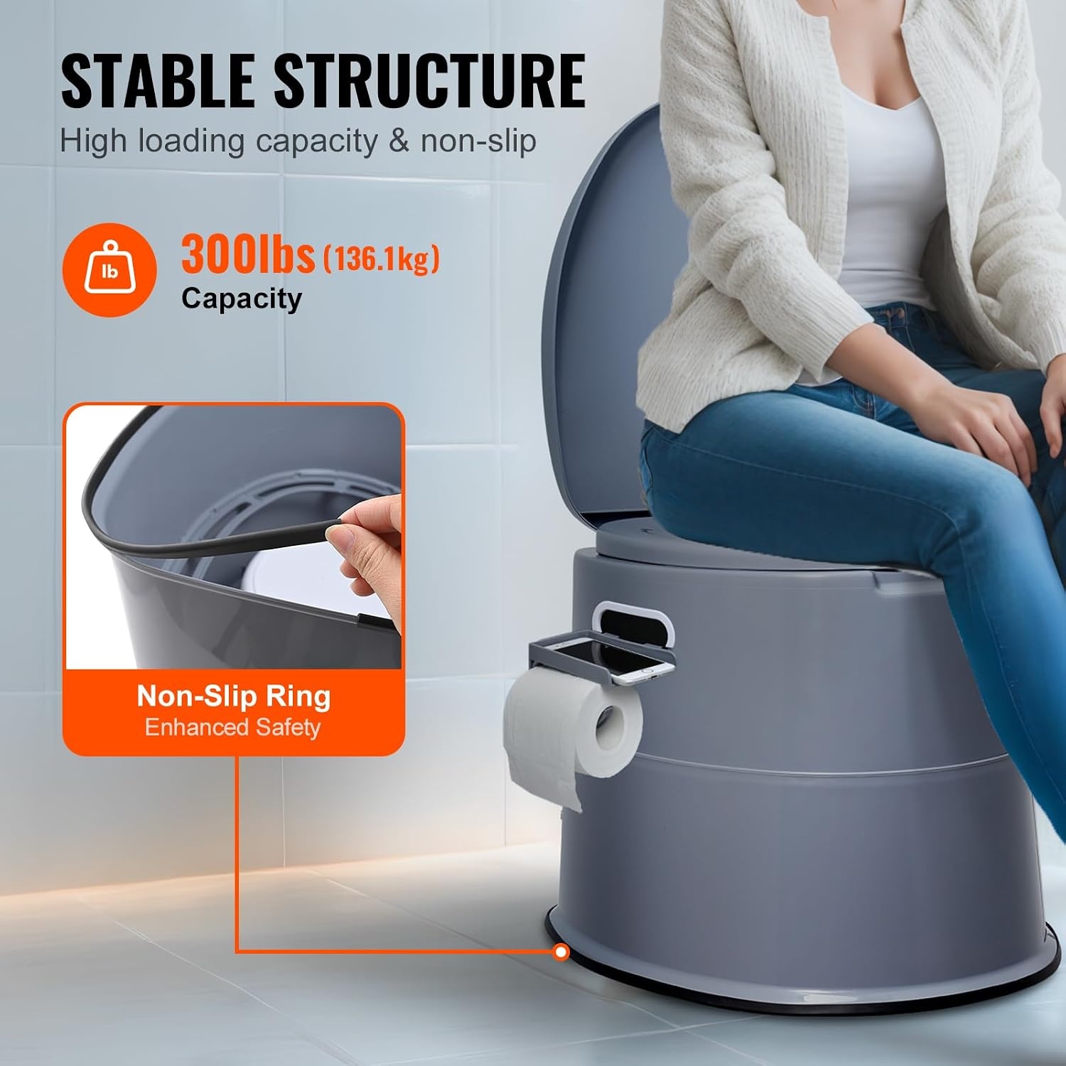VEVOR Campingtoilet met toiletpapier- en mobiele telefoonhouder, draagbaar campingtoilet, 500 x 467 x 400 mm, reistoilet, noodtoilet, witte toiletten, 136,1 kg, draagvermogen, campertoilet, 5 liter | Voor autoritten en caravans, met telefoonplank, toiletp