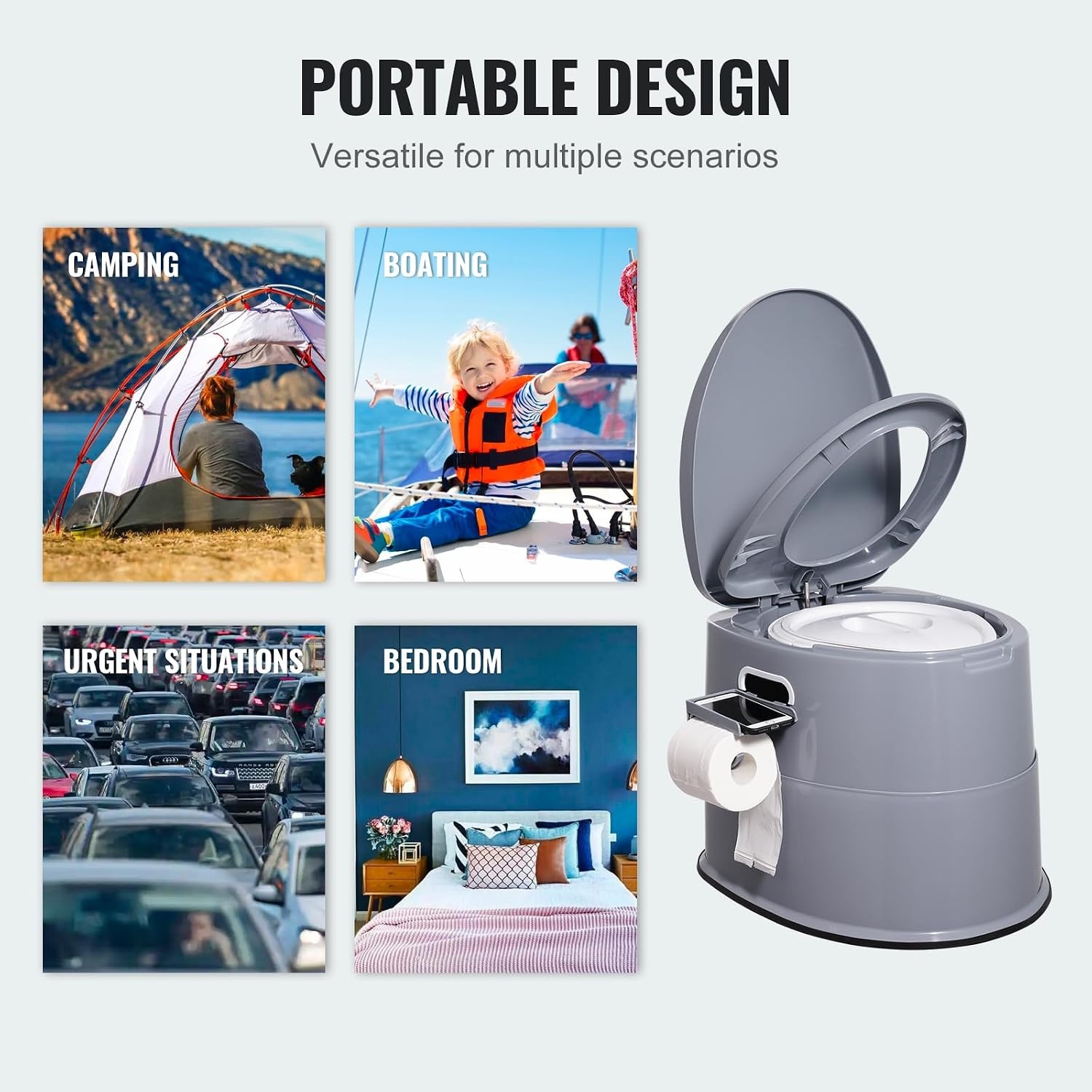 VEVOR Campingtoilet met toiletpapier- en mobiele telefoonhouder, draagbaar campingtoilet, 500 x 467 x 400 mm, reistoilet, noodtoilet, witte toiletten, 136,1 kg, draagvermogen, campertoilet, 5 liter | Voor autoritten en caravans, met telefoonplank, toiletp