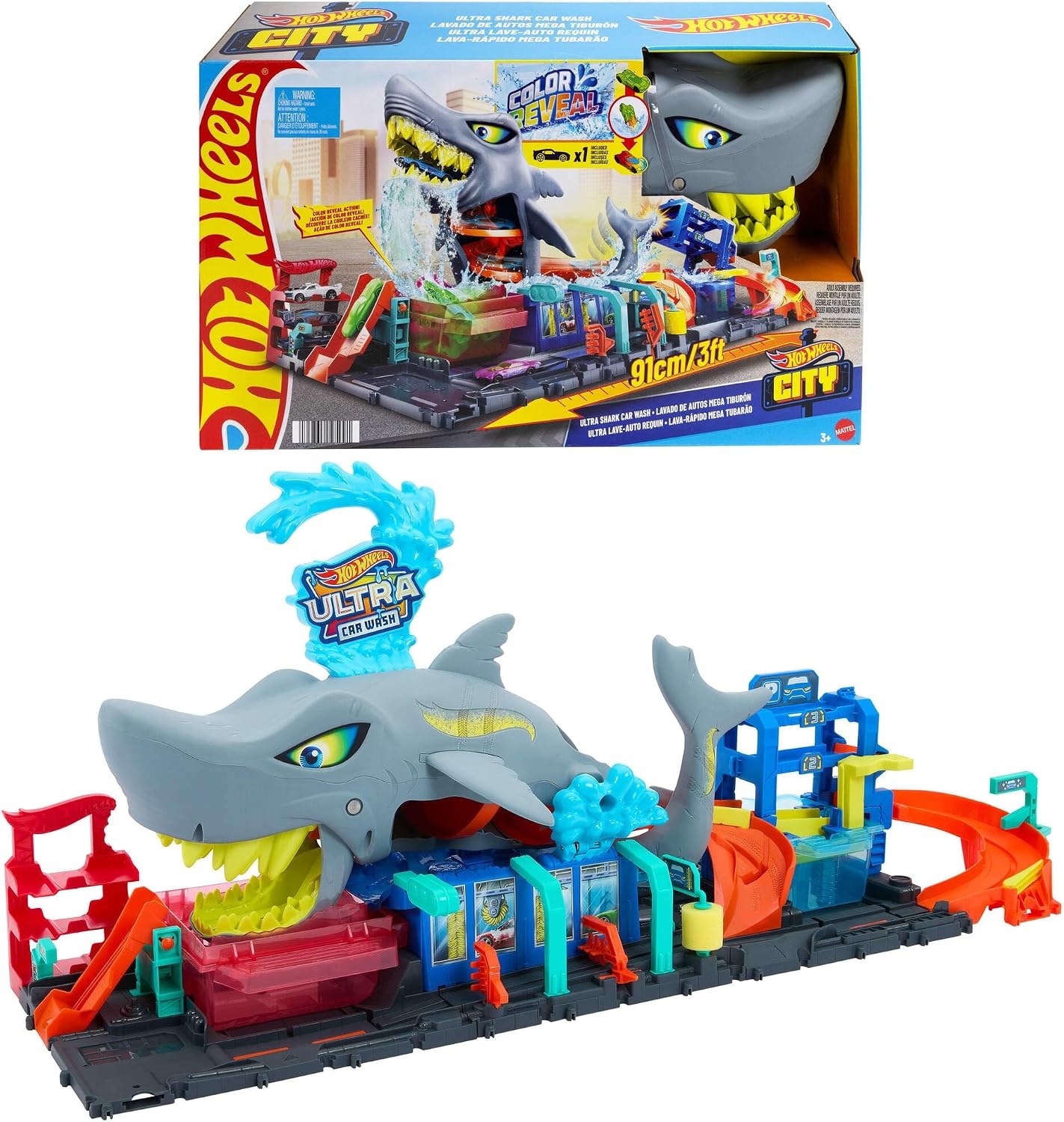 Hot Wheels City Ultra Shark wasstraat met Color Reveal-auto