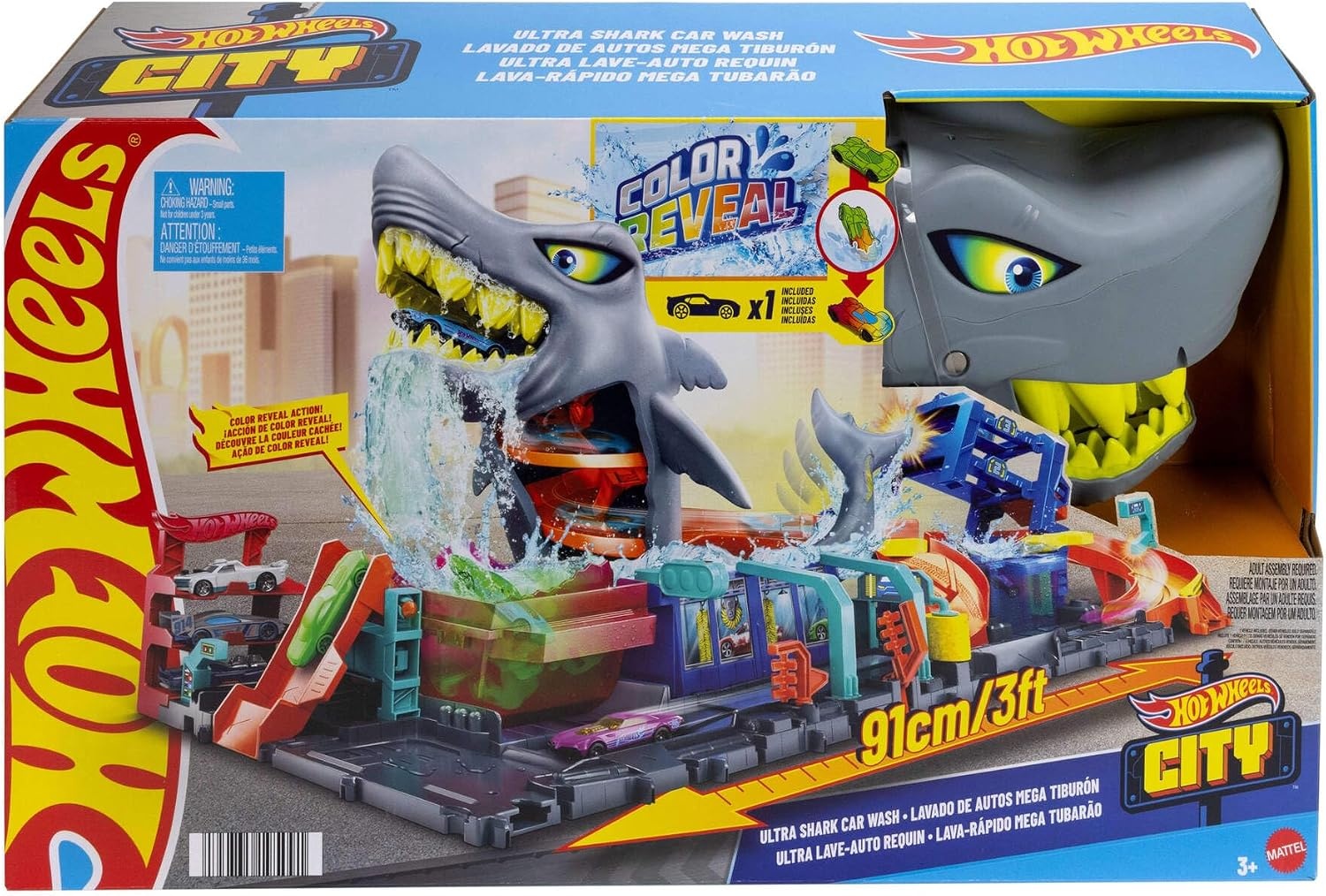 Hot Wheels City Ultra Shark wasstraat met Color Reveal-auto