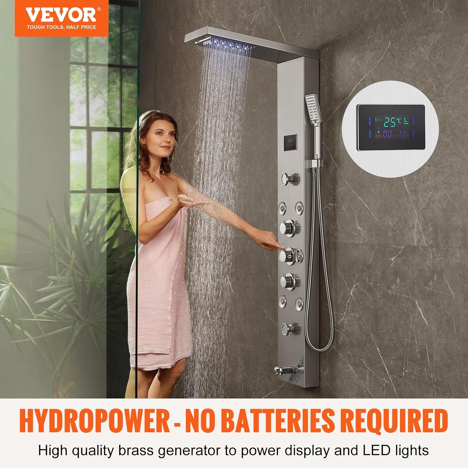 VEVOR Douchekaneelsysteem met 6 modi, hydro-elektrisch douchepaneeltoren, led-display, regen, waterval, 8 massagestralen, baduitloop en douchekop met slang, badkamer