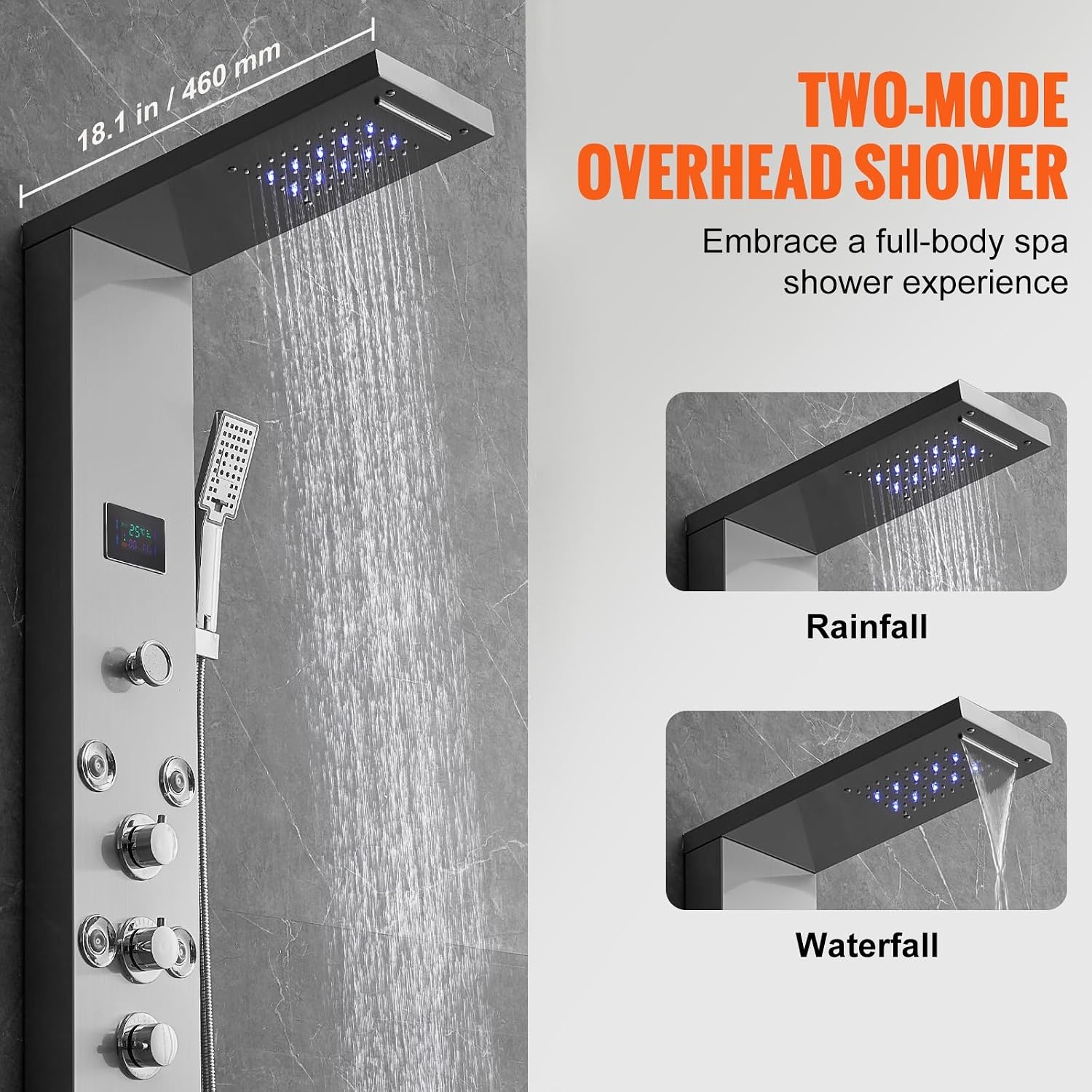 VEVOR Douchekaneelsysteem met 6 modi, hydro-elektrisch douchepaneeltoren, led-display, regen, waterval, 8 massagestralen, baduitloop en douchekop met slang, badkamer