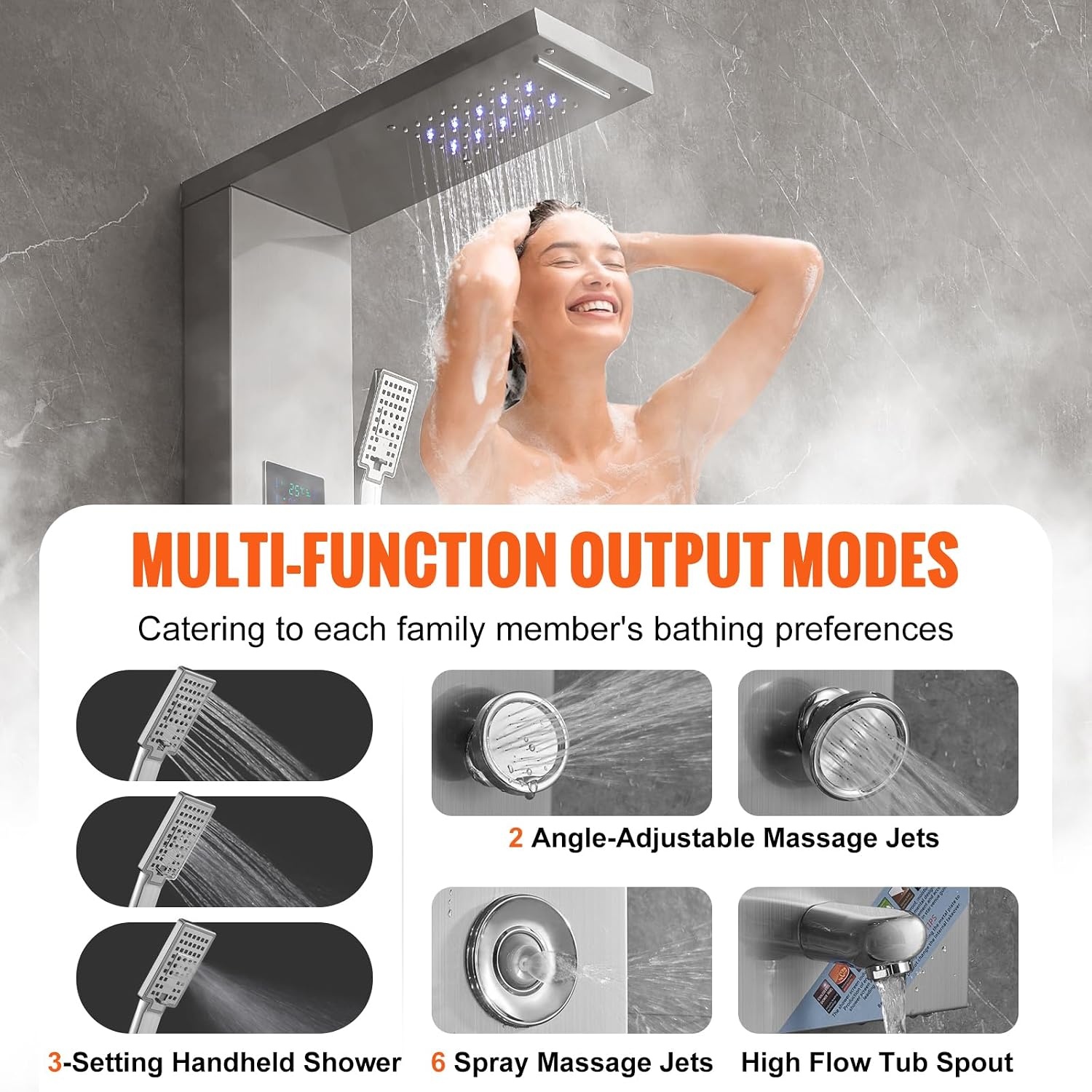 VEVOR Douchekaneelsysteem met 6 modi, hydro-elektrisch douchepaneeltoren, led-display, regen, waterval, 8 massagestralen, baduitloop en douchekop met slang, badkamer