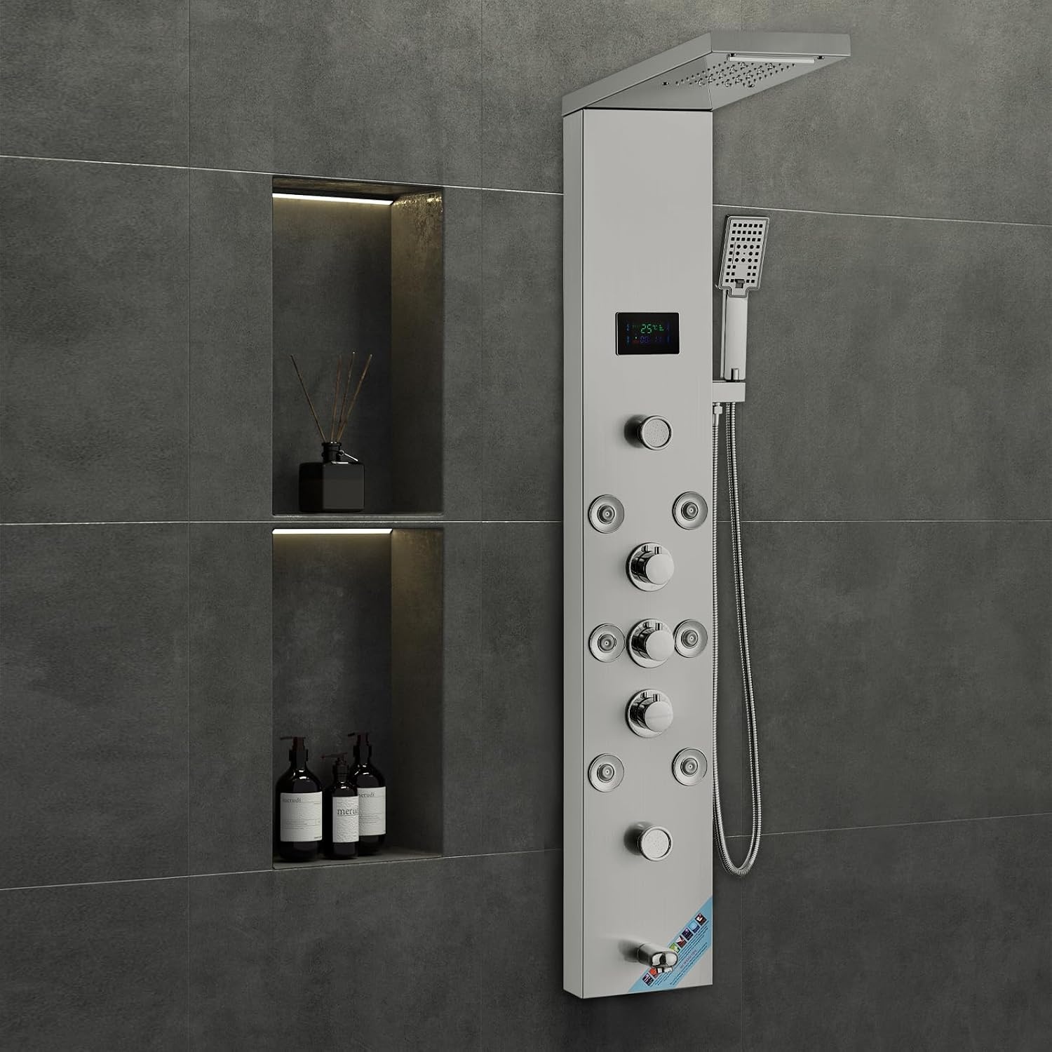 VEVOR Douchekaneelsysteem met 6 modi, hydro-elektrisch douchepaneeltoren, led-display, regen, waterval, 8 massagestralen, baduitloop en douchekop met slang, badkamer