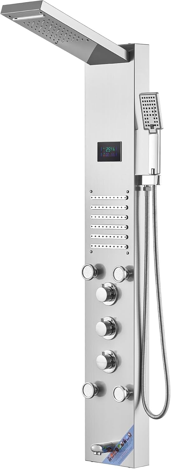 VEVOR Douchekaneelsysteem met 6 modi, hydro-elektrisch douchepaneeltoren, led-display, regen, waterval, 8 massagestralen, baduitloop en douchekop met slang, badkamer