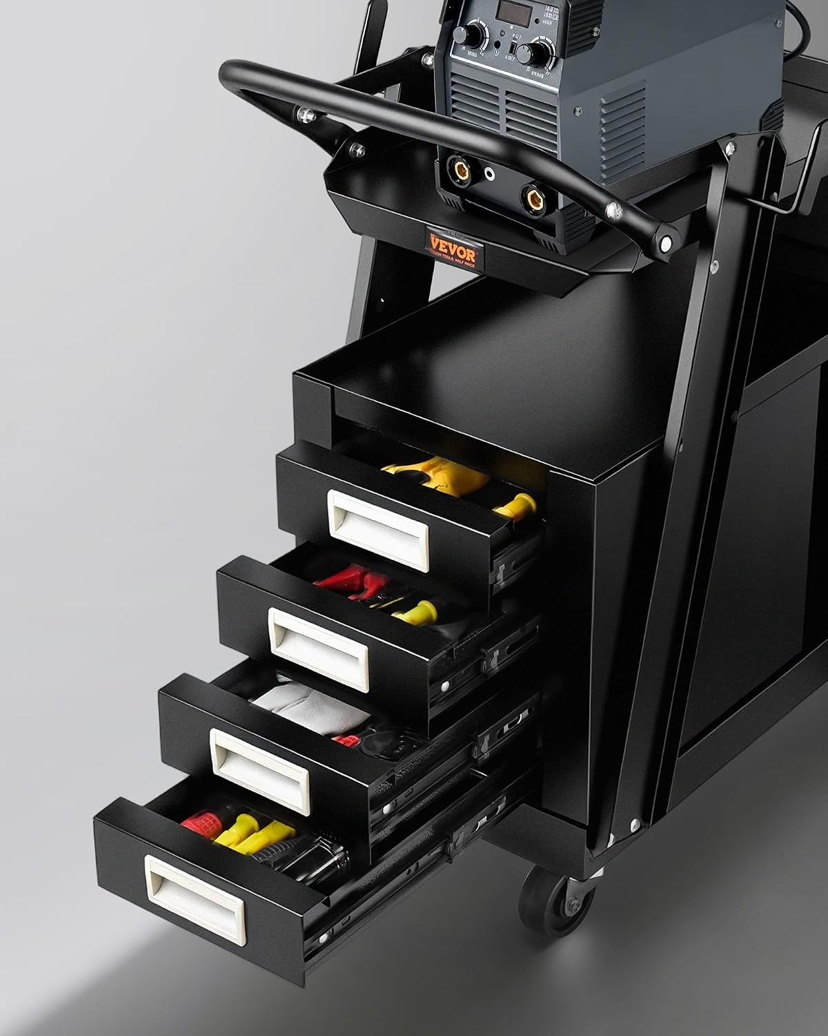 Lastrolley voor lasapparatuur met 35% korting | 2 schappen, 4 laden, 2 gasfleshouders | Max. 120kg