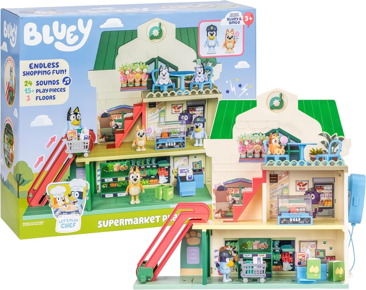 Bluey Supermarkt Speelset - Speelgoed van Bluey voor Kinderen - Inclusief geluiden - Inclusief figuurtjes - Roltrap werkt - Telefoontje - Meerdere accessoires