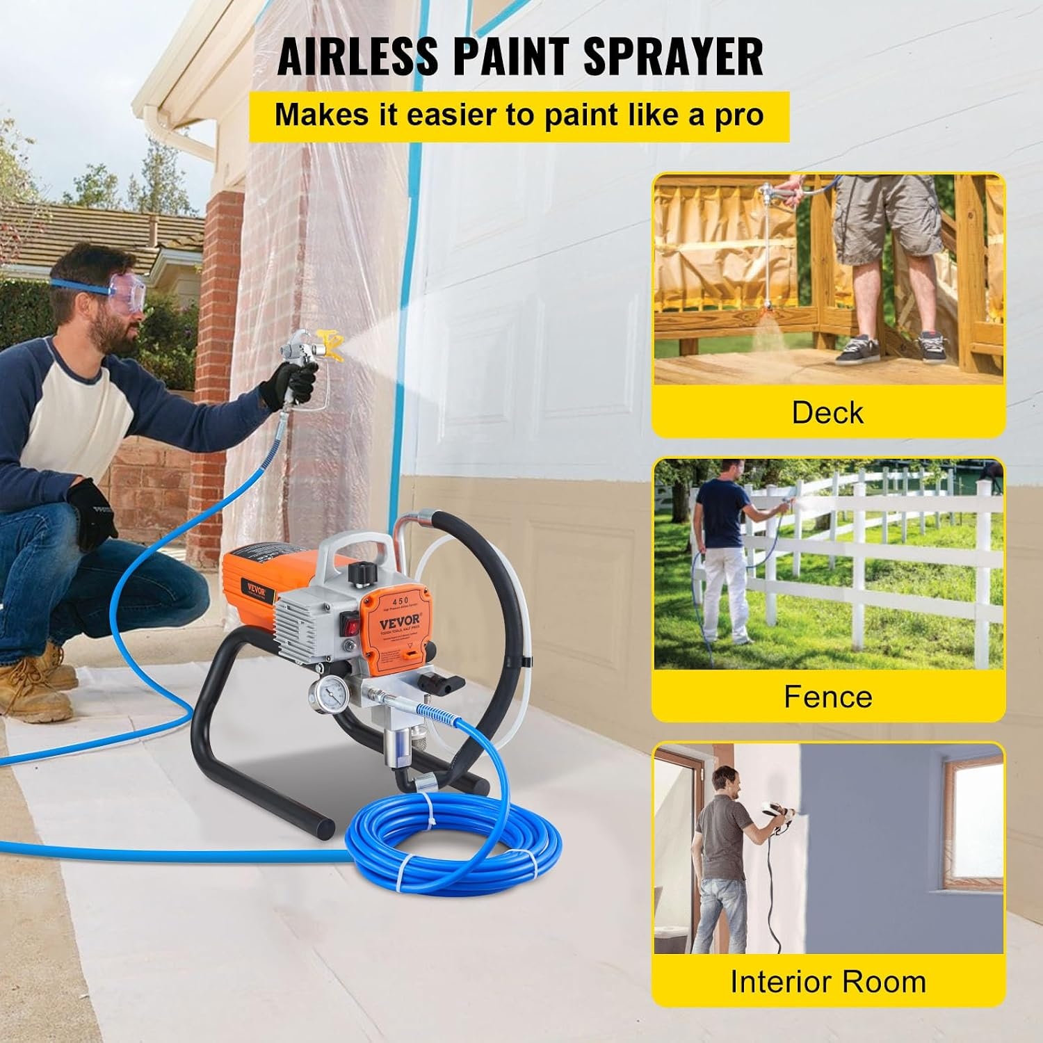 VEVOR 1500W Airless Paint Sprayer 3000PSI Paint Sprayers for DIY Painting Projects Outdoor and Indoor Houses 1.8L/min with 9M High Pressure Hose