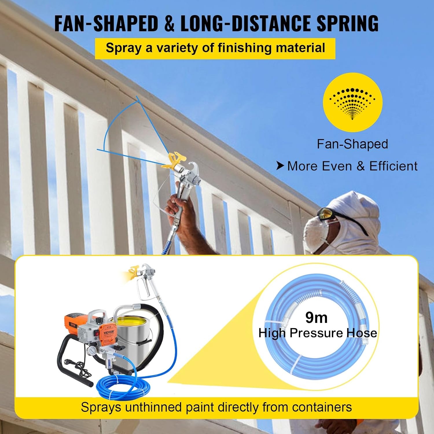 VEVOR 1500W Airless Paint Sprayer 3000PSI Paint Sprayers for DIY Painting Projects Outdoor and Indoor Houses 1.8L/min with 9M High Pressure Hose