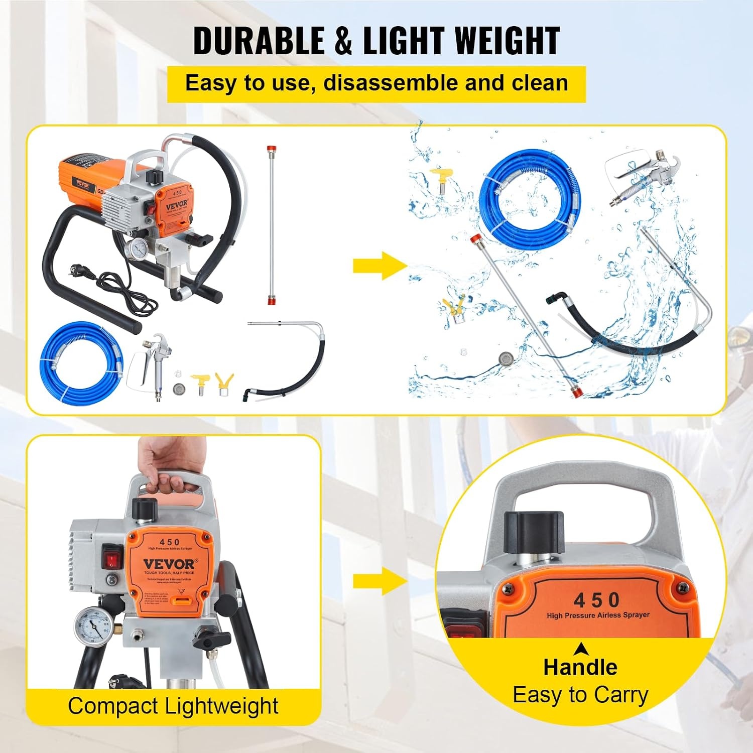 VEVOR 1500W Airless Paint Sprayer 3000PSI Paint Sprayers for DIY Painting Projects Outdoor and Indoor Houses 1.8L/min with 9M High Pressure Hose