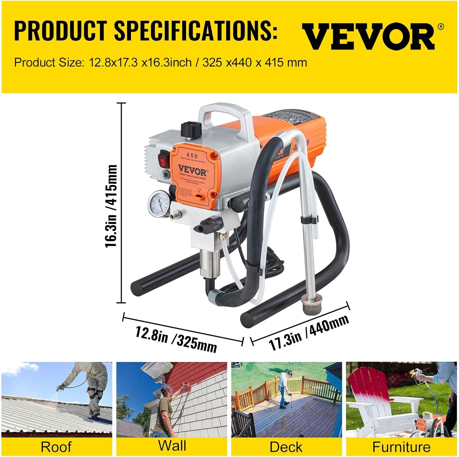 VEVOR 1500W Airless Paint Sprayer 3000PSI Paint Sprayers for DIY Painting Projects Outdoor and Indoor Houses 1.8L/min with 9M High Pressure Hose