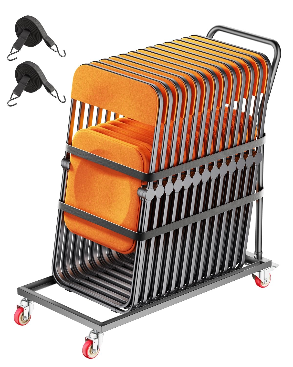 VEVOR Klapstoelstandaard, 136 kg draagkracht, L-vormige stoelwagen voor verticale plaatsing, voor 25 stoelen, metalen transportwagen met rubberen wielen, multifunctionele stoelhouder, matzwart
