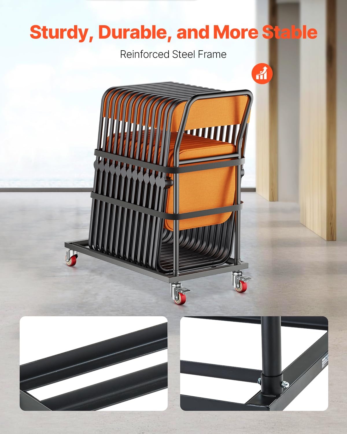 VEVOR Klapstoelstandaard, 136 kg draagkracht, L-vormige stoelwagen voor verticale plaatsing, voor 25 stoelen, metalen transportwagen met rubberen wielen, multifunctionele stoelhouder, matzwart