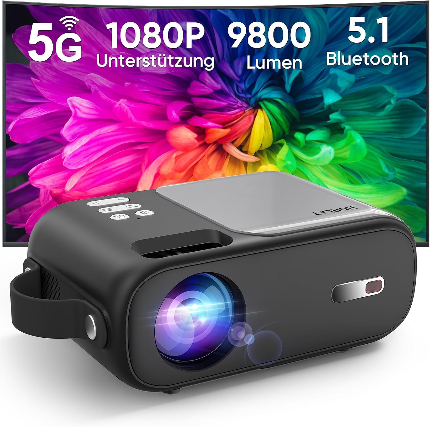 HORLAT Mini-beamer, 5G wifi, bluetooth-beamer, full HD, 720P ondersteund, 9000 lumen, draagbare projector met ± 15° trapeziumcorrectie, thuisbioscoopprojector voor smartphone/gaming/laptop/tv-stick