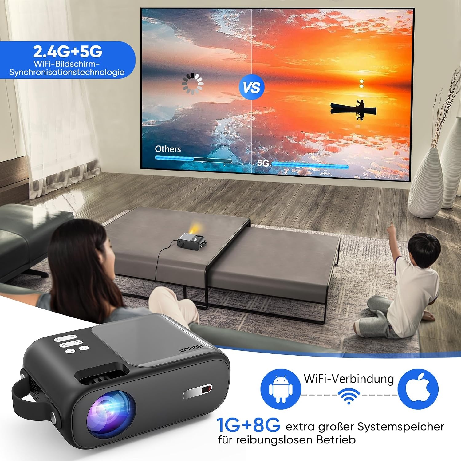 HORLAT Mini-beamer, 5G wifi, bluetooth-beamer, full HD, 720P ondersteund, 9000 lumen, draagbare projector met ± 15° trapeziumcorrectie, thuisbioscoopprojector voor smartphone/gaming/laptop/tv-stick