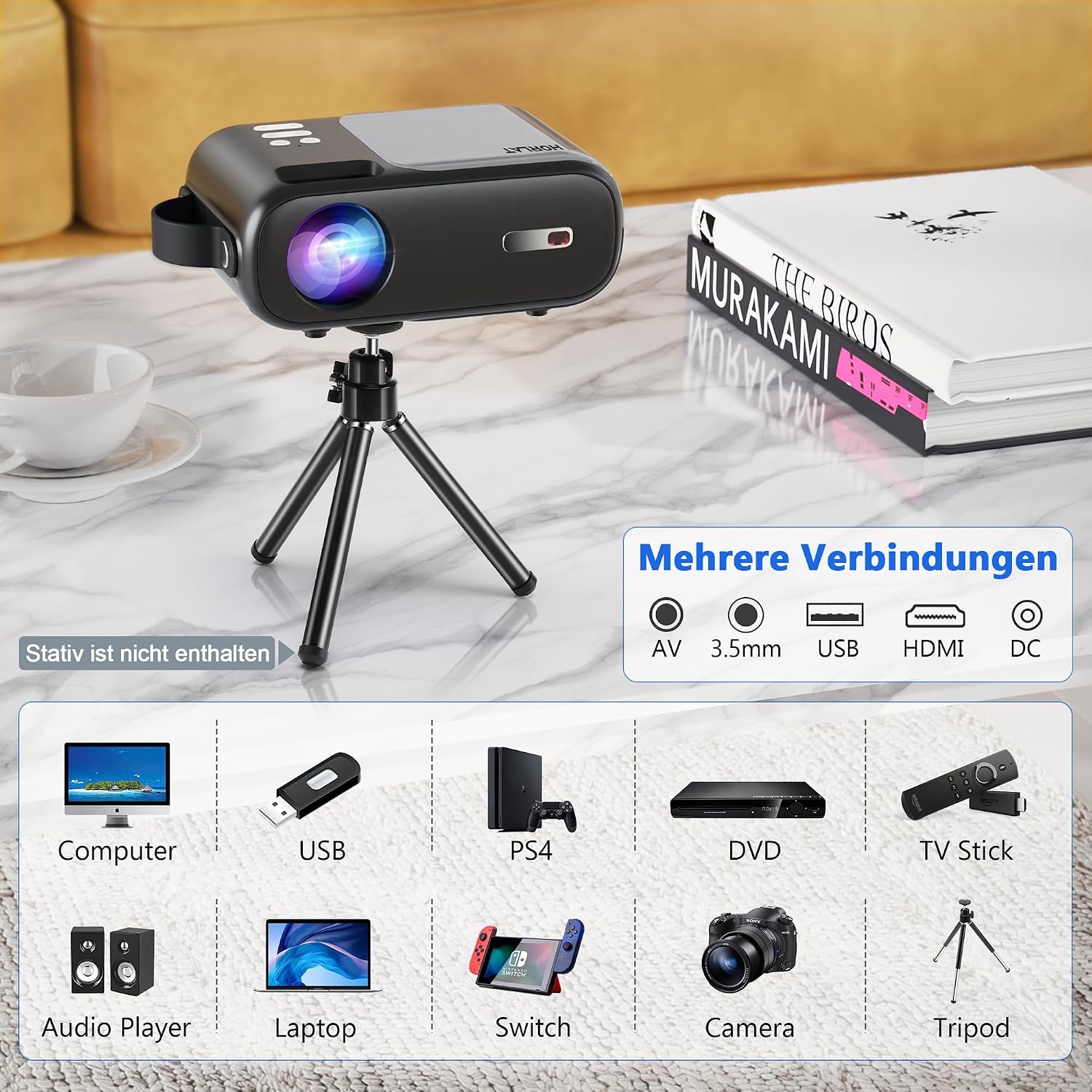HORLAT Mini-beamer, 5G wifi, bluetooth-beamer, full HD, 720P ondersteund, 9000 lumen, draagbare projector met ± 15° trapeziumcorrectie, thuisbioscoopprojector voor smartphone/gaming/laptop/tv-stick