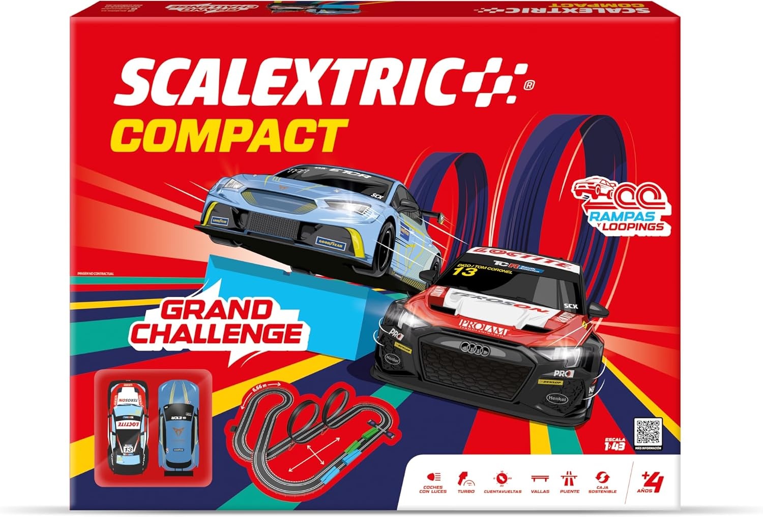 SCALEXTRIC - Compact circuit - Compleet circuit - 2 auto's en 2 afstandsbedieningen inbegrepen - Schaal 1:43 (Set Grand Challenge)