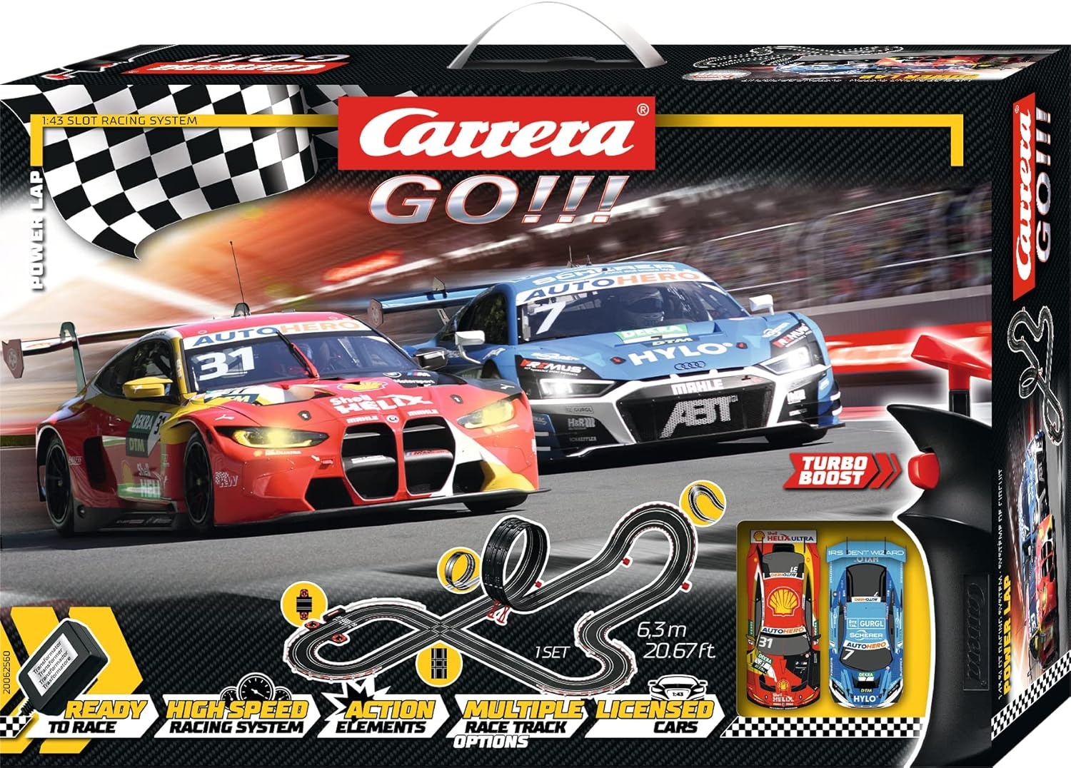 Carrera DPower Lap 20062560 Digitale racebaan, inclusief rondeteller en loopings, kruisingen en fly-overs, voertuigen met koplampen en achterverlichting, op schaal 1:43, handcontroller met turbo-knop