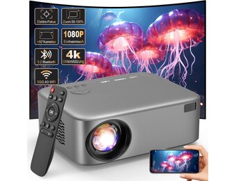 FRESHDEW beamer, elektrische focus, 5G wifi-projector met Bluetooth Native 1080p projector, 26000L LCD-technologie, thuisbioscoop, outdoor, thuisbioscoop, videoprojector met statief voor