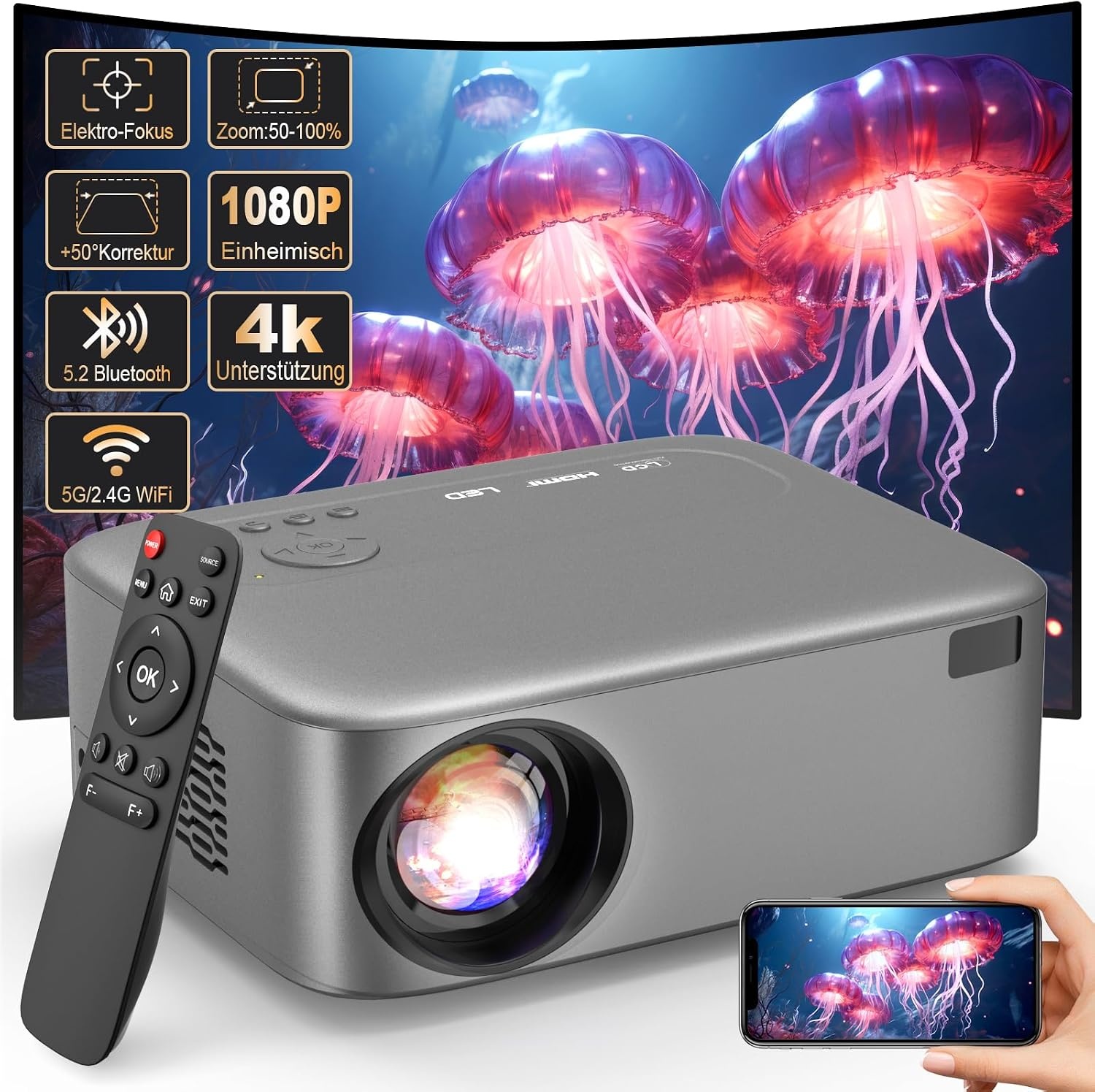 FRESHDEW beamer, elektrische focus, 5G wifi-projector met Bluetooth Native 1080p projector, 26000L LCD-technologie, thuisbioscoop, outdoor, thuisbioscoop, videoprojector met statief voor