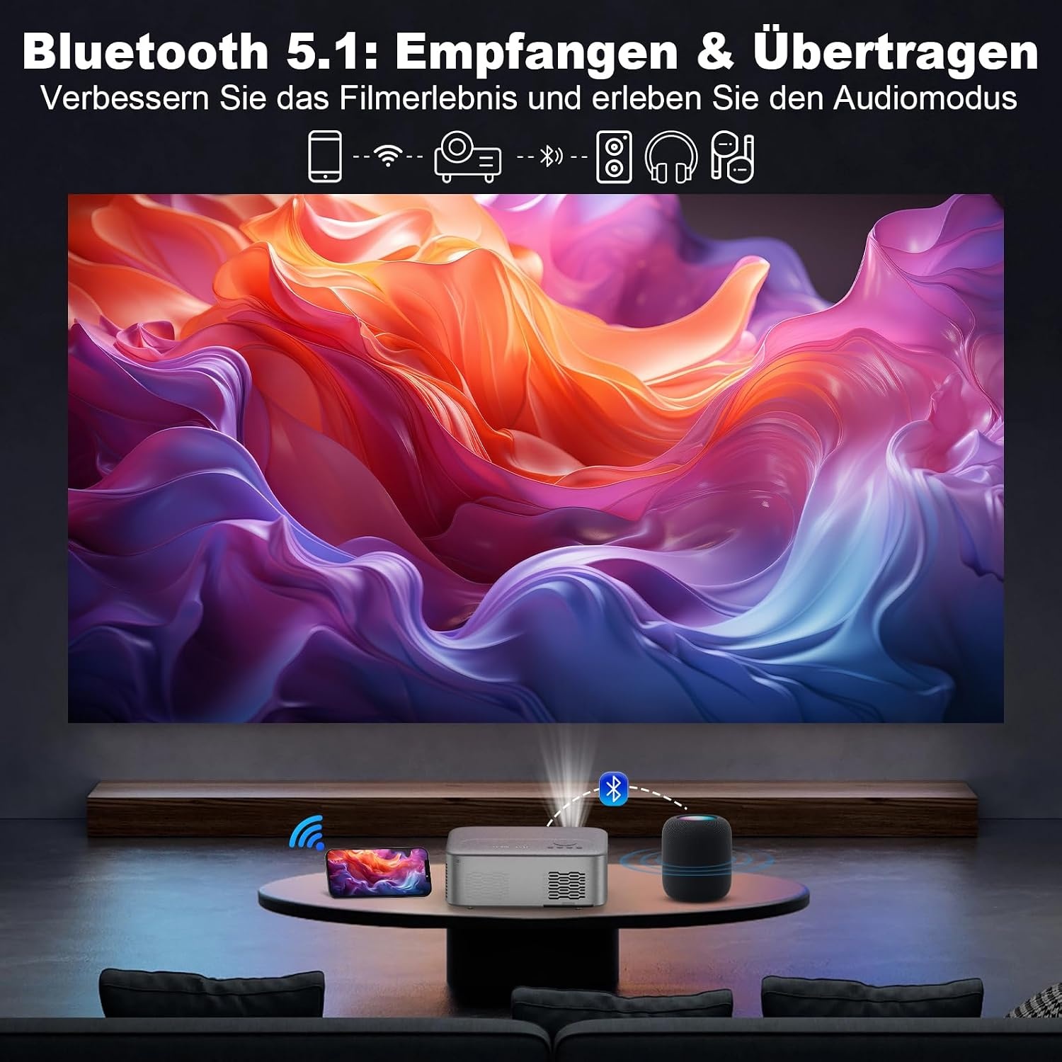 FRESHDEW beamer, elektrische focus, 5G wifi-projector met Bluetooth Native 1080p projector, 26000L LCD-technologie, thuisbioscoop, outdoor, thuisbioscoop, videoprojector met statief voor