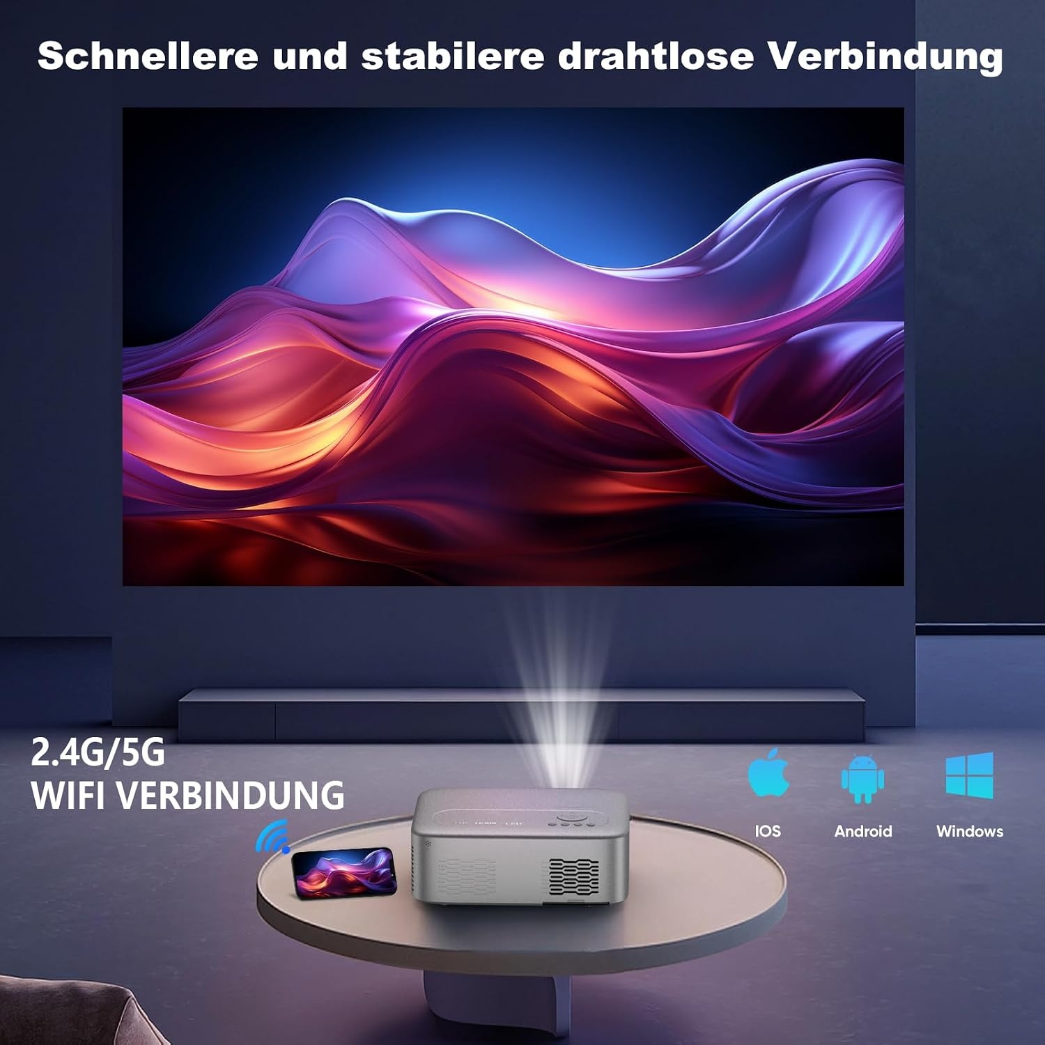 FRESHDEW beamer, elektrische focus, 5G wifi-projector met Bluetooth Native 1080p projector, 26000L LCD-technologie, thuisbioscoop, outdoor, thuisbioscoop, videoprojector met statief voor