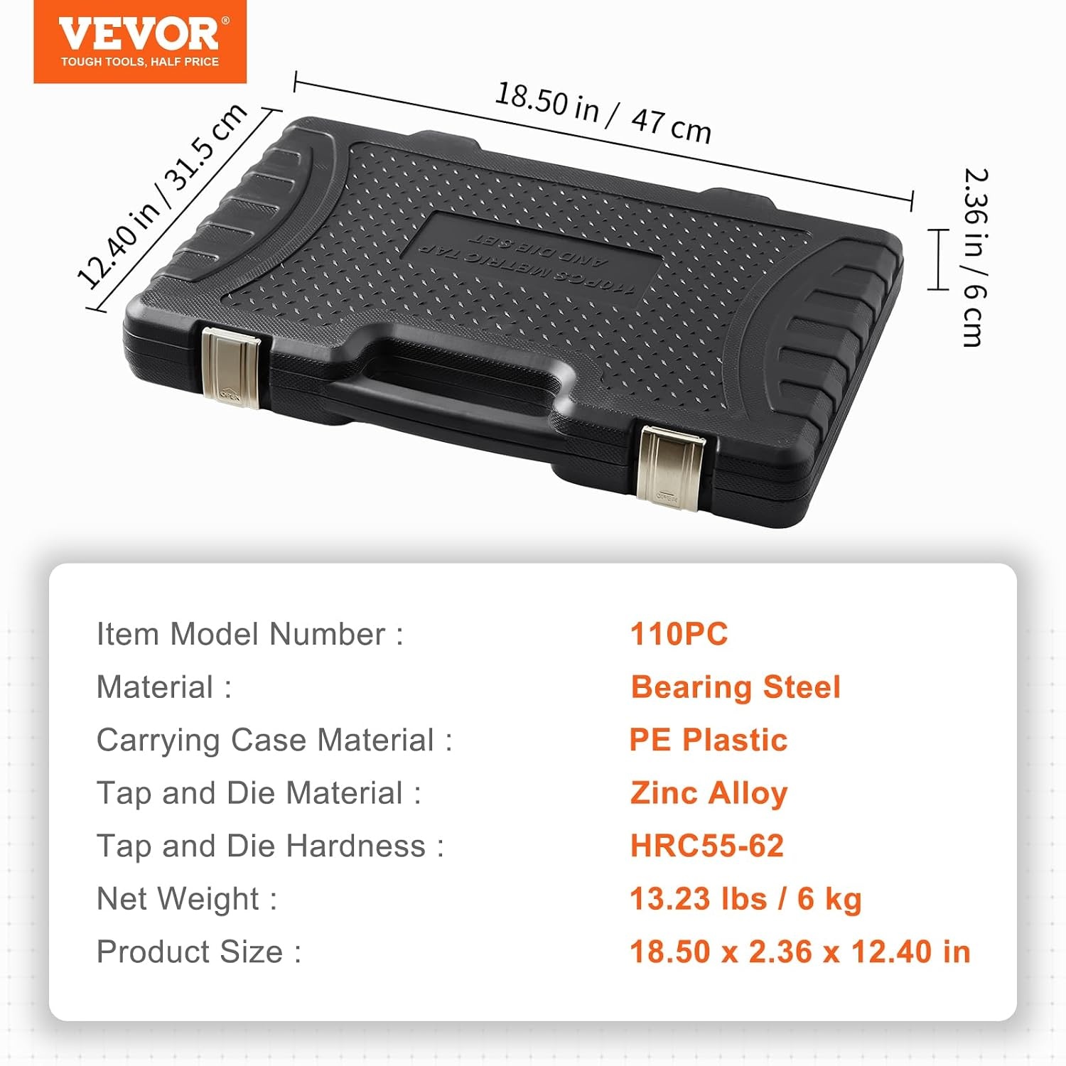 VEVOR Faucet and Die Set, 110 Pieces, Includes Metric Size M2 to M18, Steel Taps and Dies Essential Thread Tool for Cutting External Internal Thread, with Complete