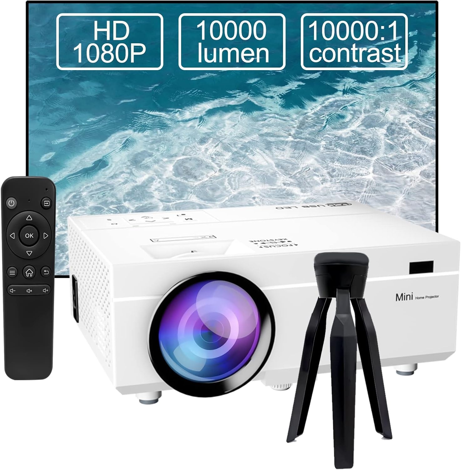 Mini-projector, 10.000 lumen, nieuwste update, 1080p Full HD, ondersteunt draagbare projector, mini-filmprojector, compatibel met T-V-stick, smartphone, HDMI, USB, AV