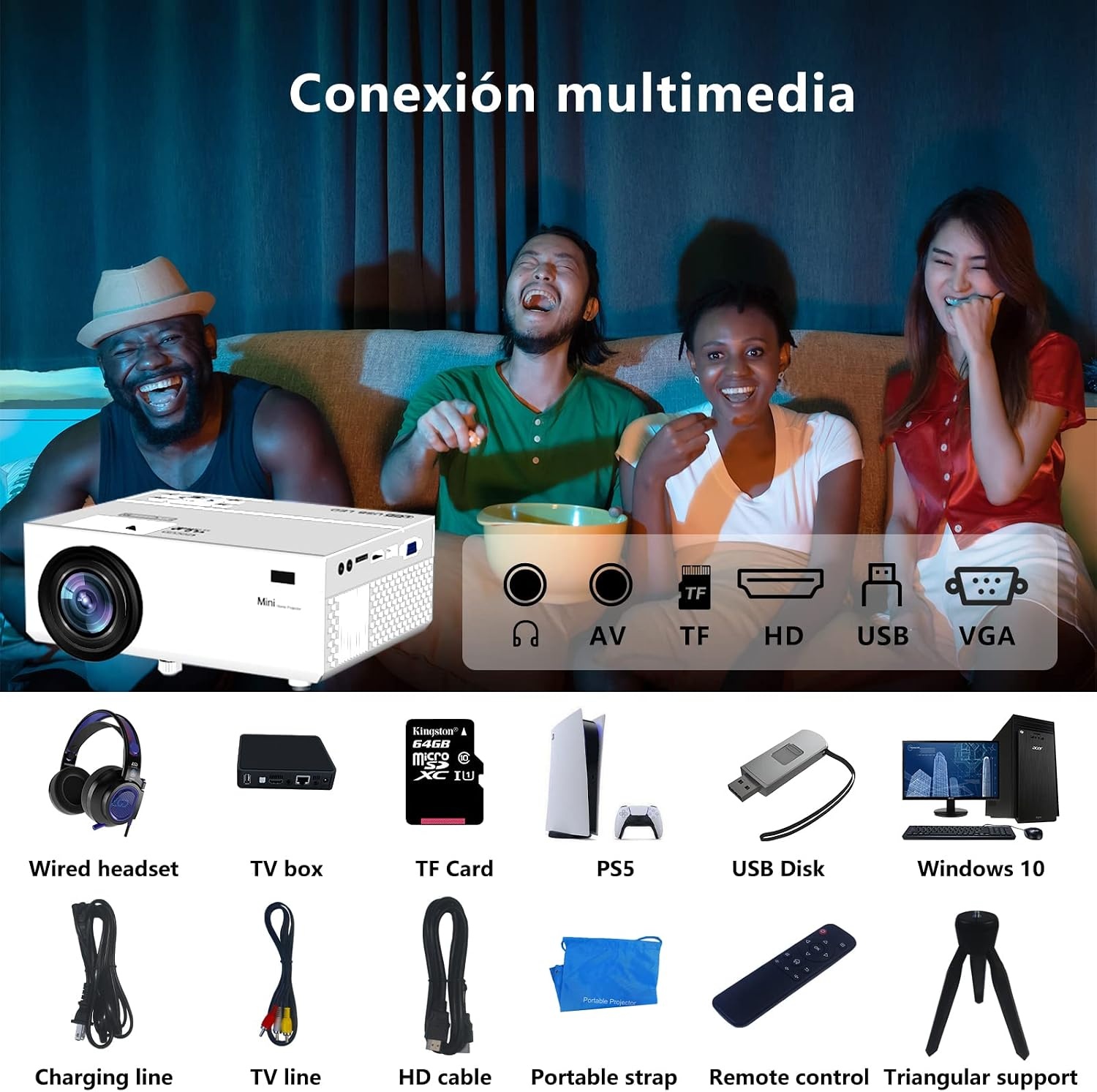 Mini-projector, 10.000 lumen, nieuwste update, 1080p Full HD, ondersteunt draagbare projector, mini-filmprojector, compatibel met T-V-stick, smartphone, HDMI, USB, AV