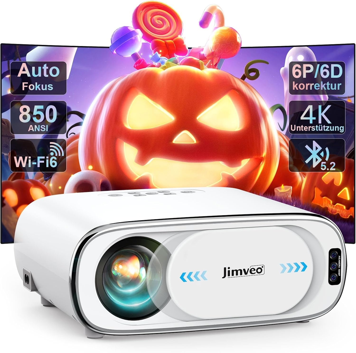 [AI Auto Focus + Auto Lens Cap] Videoprojector WiFi Bluetooth, 28.000L 850ANSI Retroprojector 4K ondersteuning, Jimveo 1080p Full HD-projector, draagbare projector, auto 4P/6D keystone correctie, 50%